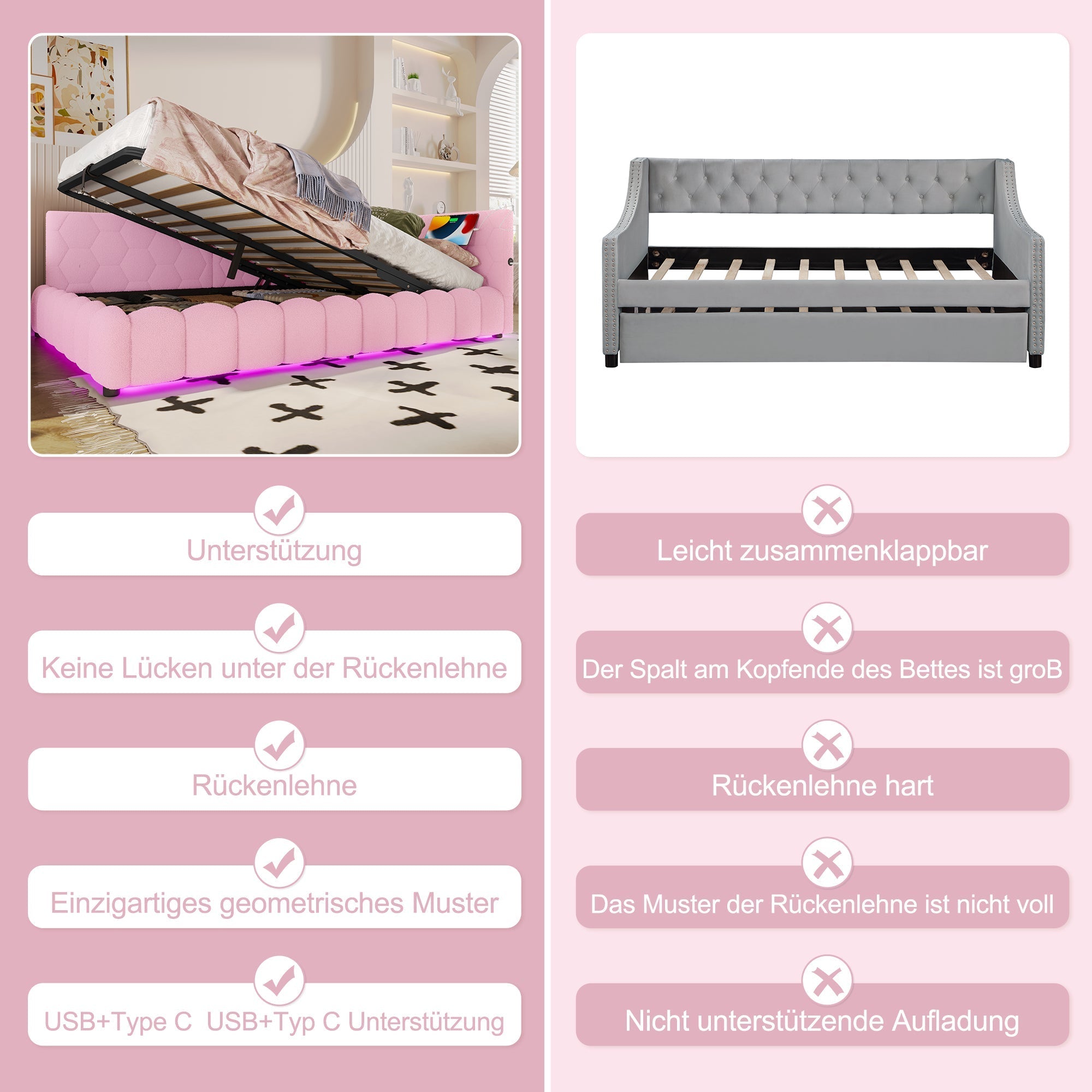 Daybed Sofa Bed 140x200cm Hydraulic Storage LED USB/Type-C - Imitation Fleece Pink
