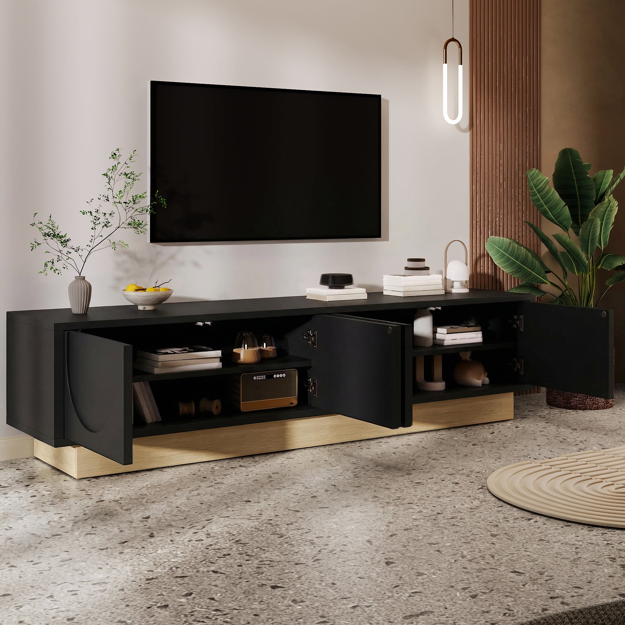 TV Stand with Storage and Cable Management, 175cm, Black Wood Grain ...