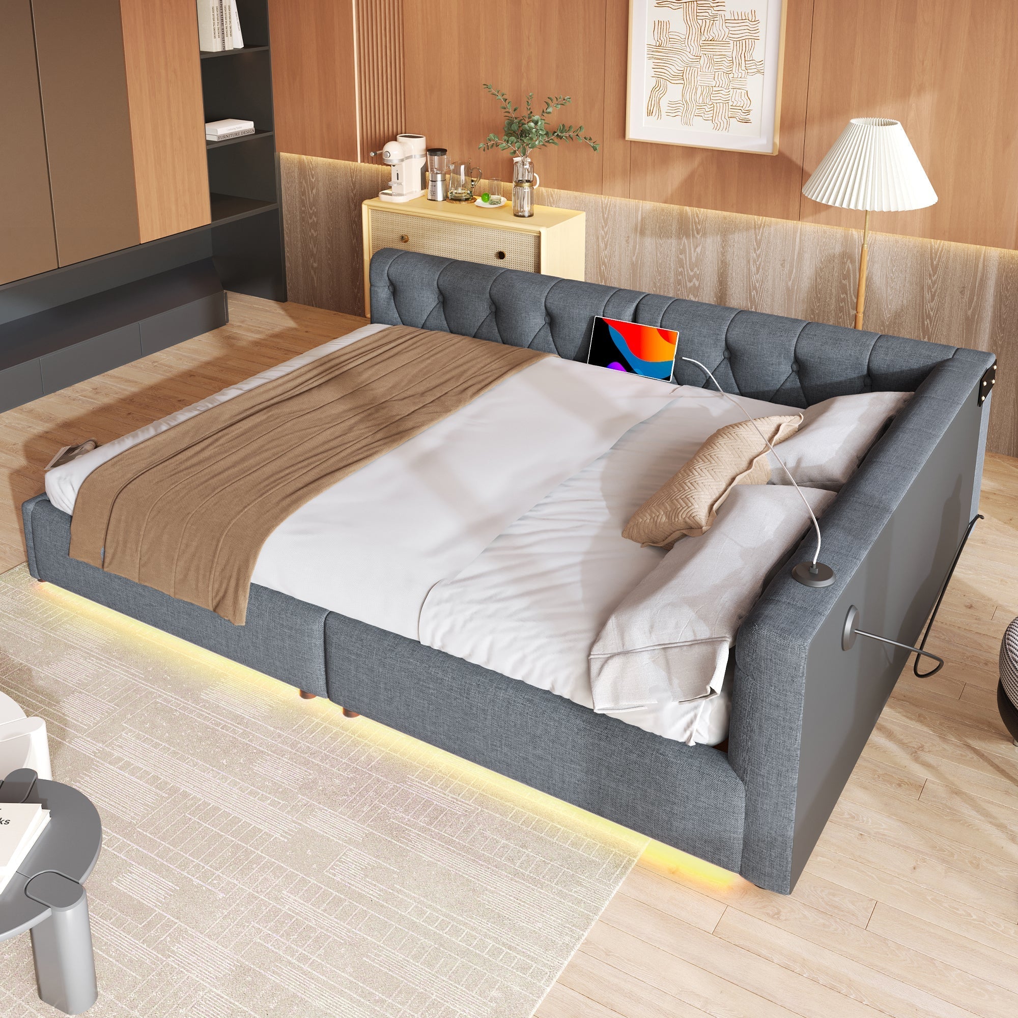 Daybed Sofa Bed 140x200cm LED USB/Type-C Button Tufted - Linen Grey