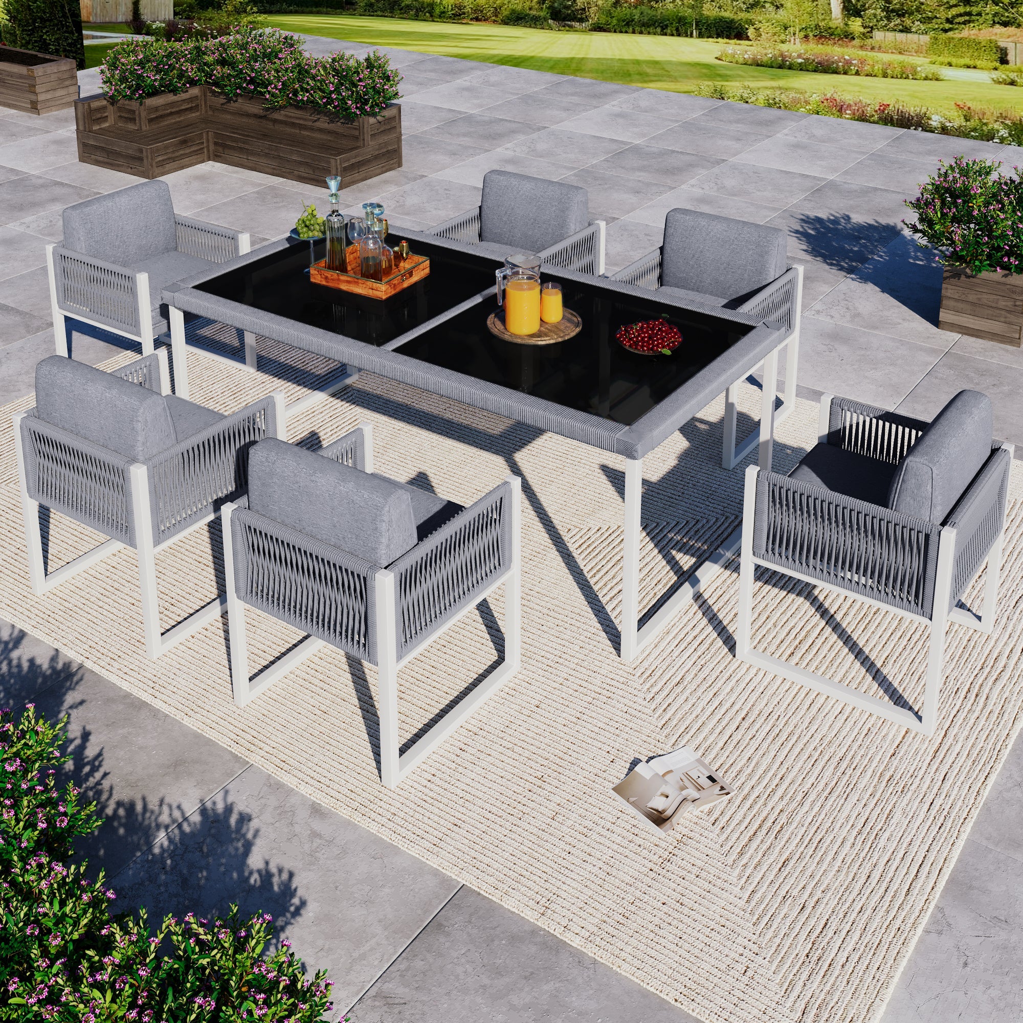 Rope Dining Set, 6-Person Garden Armchairs Removable Washable Cover, Fabric