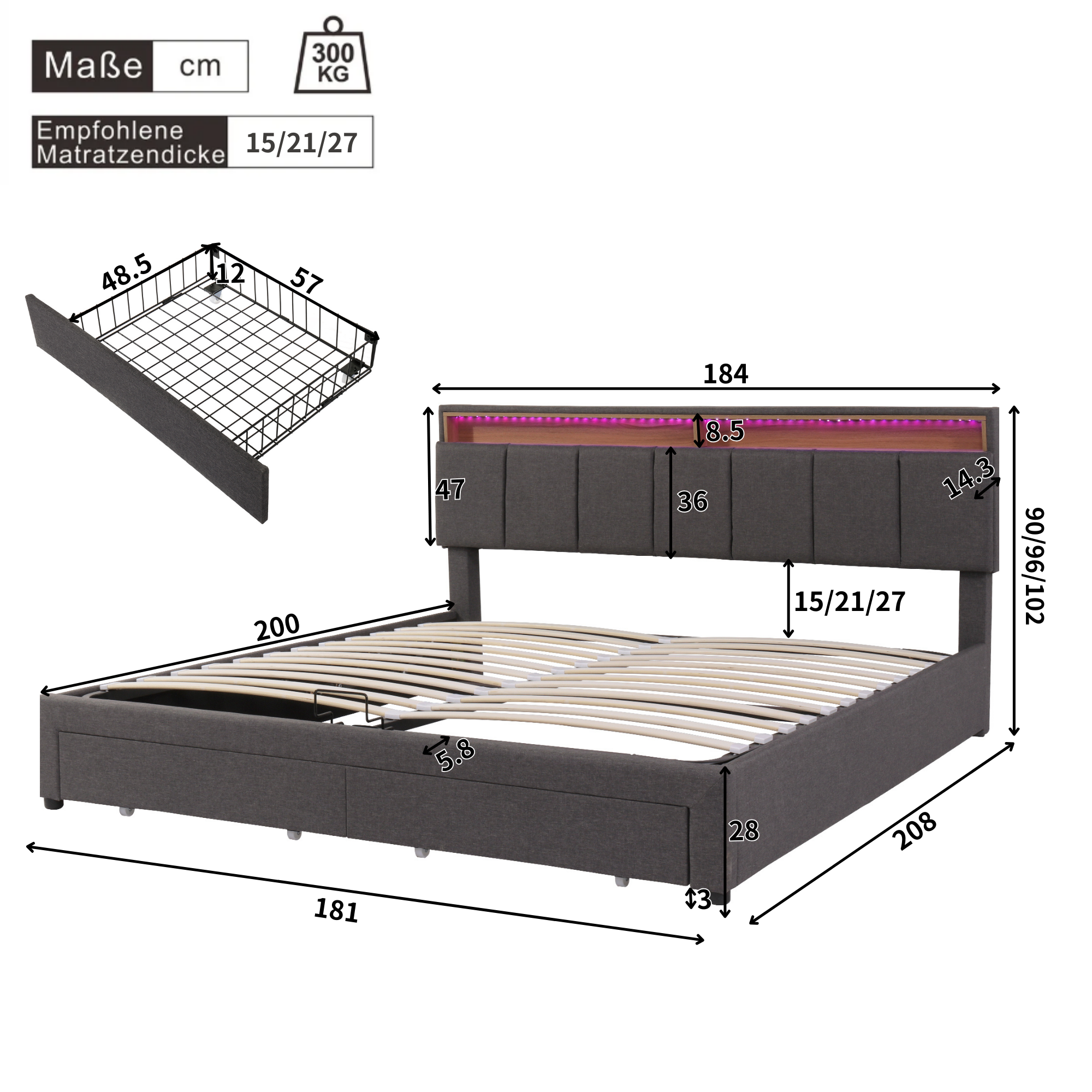 Upholstered Double Bed 180x200cm Hydraulic Storage LED Drawers - Linen Grey