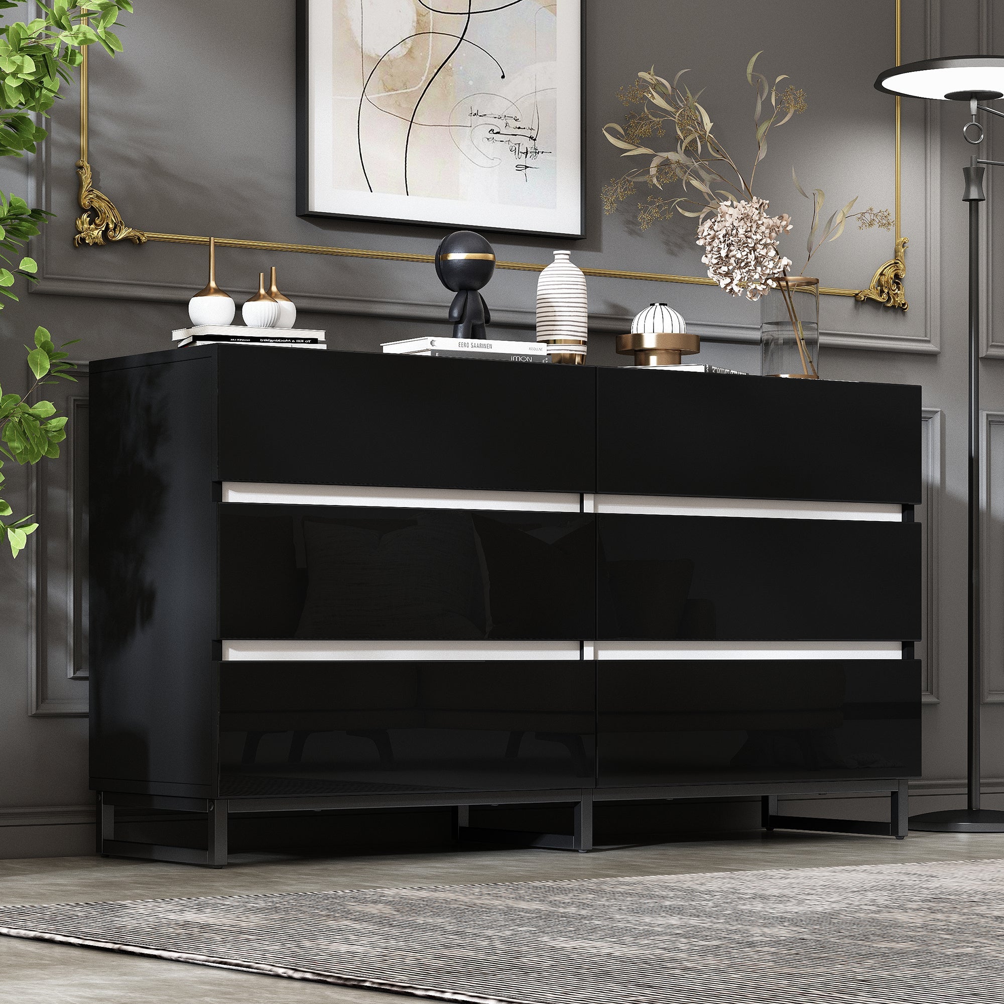 Living Room Sideboard, High-Gloss 6-Drawer Cabinet with Metal Legs, White+Black