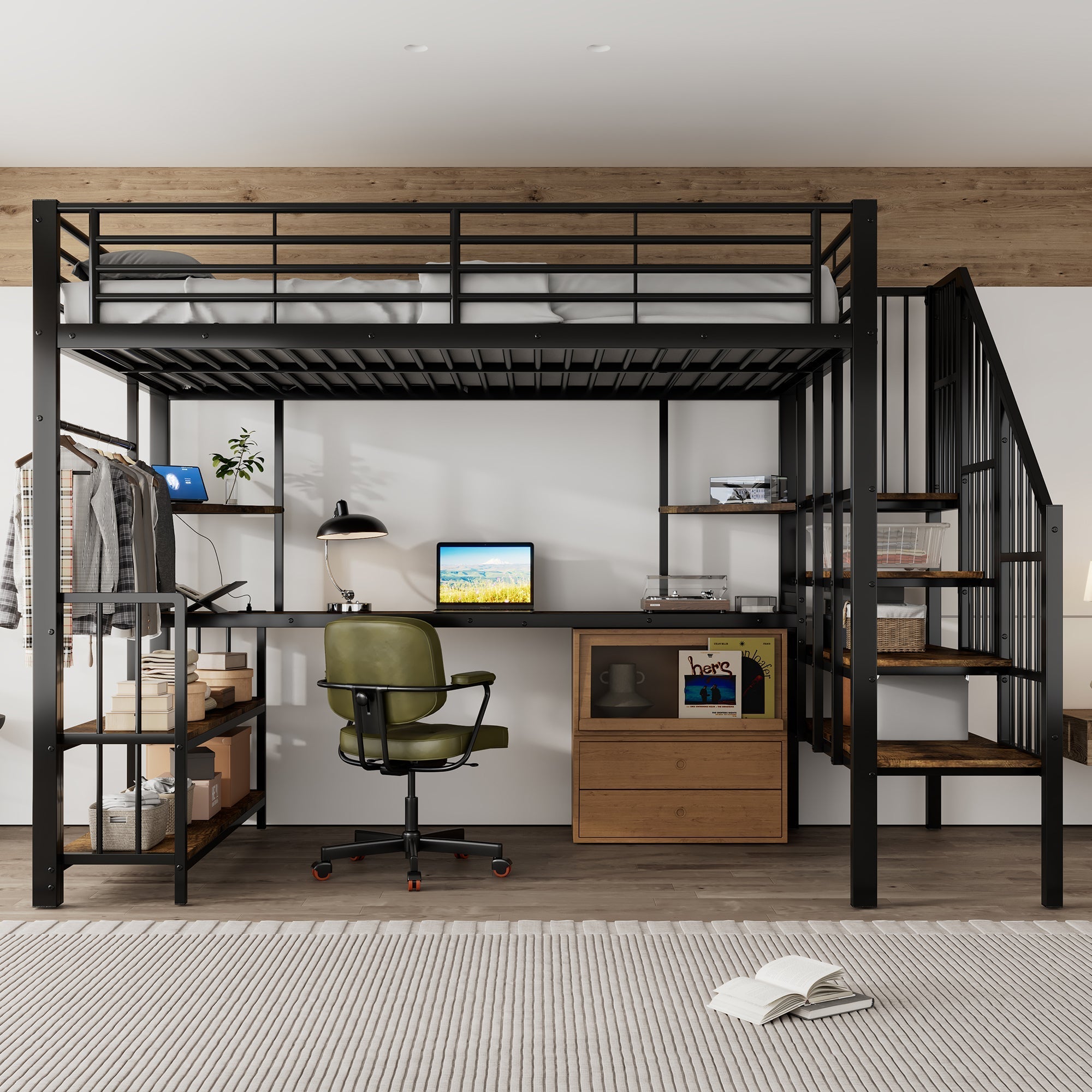 Iron Bed, Loft with Side Ladder & Charging Port, Black Iron + MDF