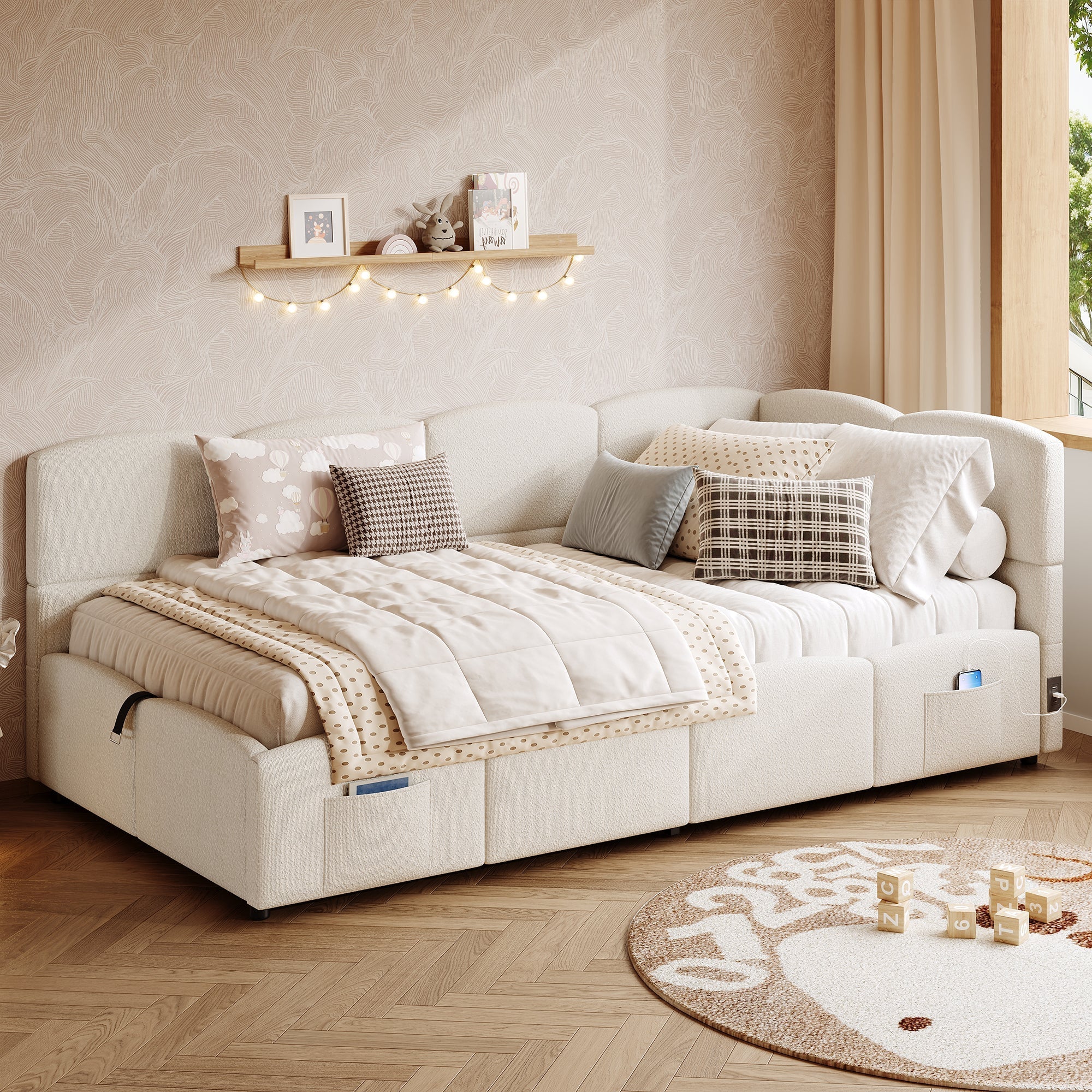Upholstered Single Bed with USB Charger and Storage Bag, 90x200 cm, Beige Bouclé
