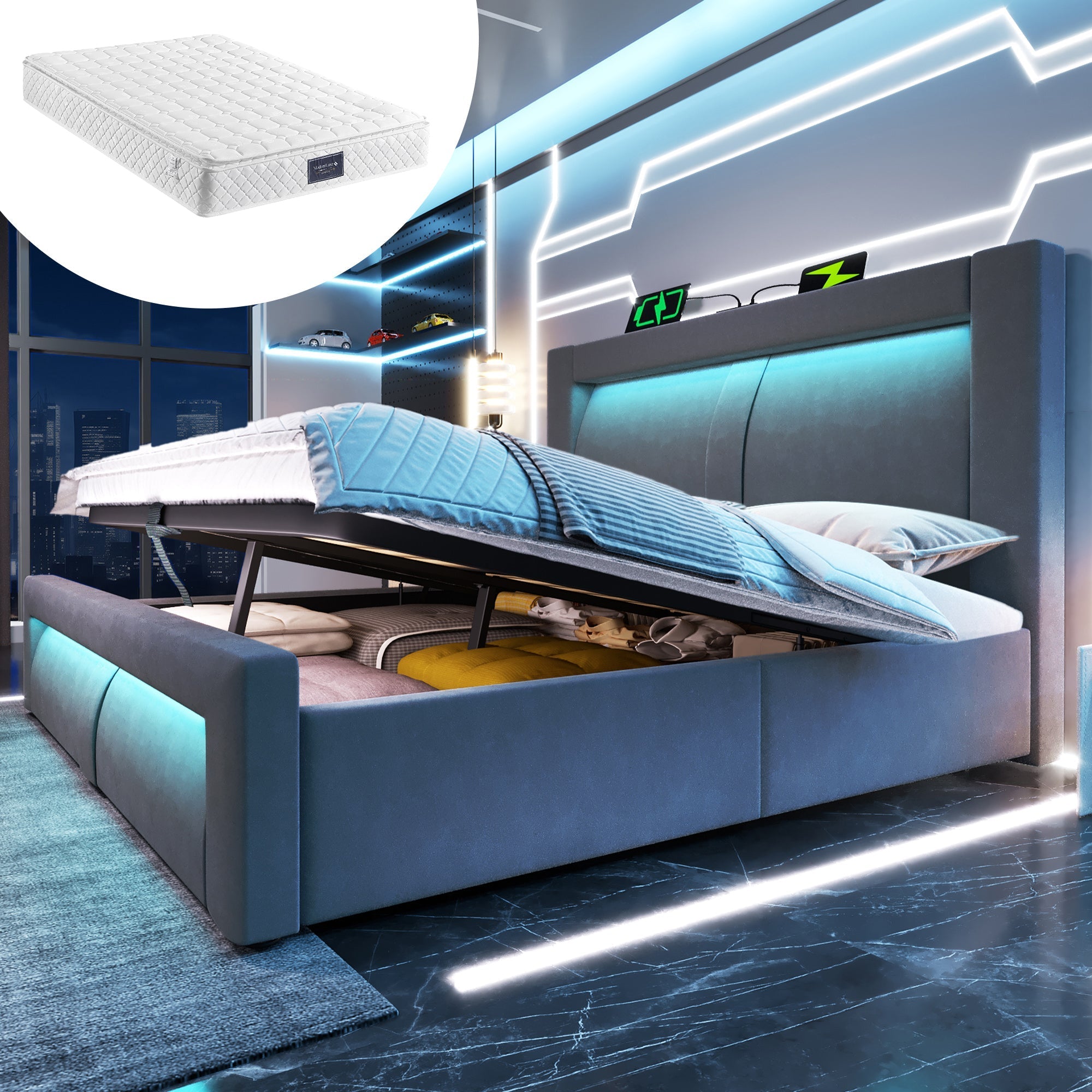 Double Bed 160x200 cm with Hydraulic Storage, LED, USB Charging and Mattress, Gray Velvet