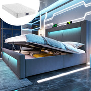 Double Bed with Hydraulic Storage, LED, USB and Type-C Ports, 140x200cm, Grey Velvet