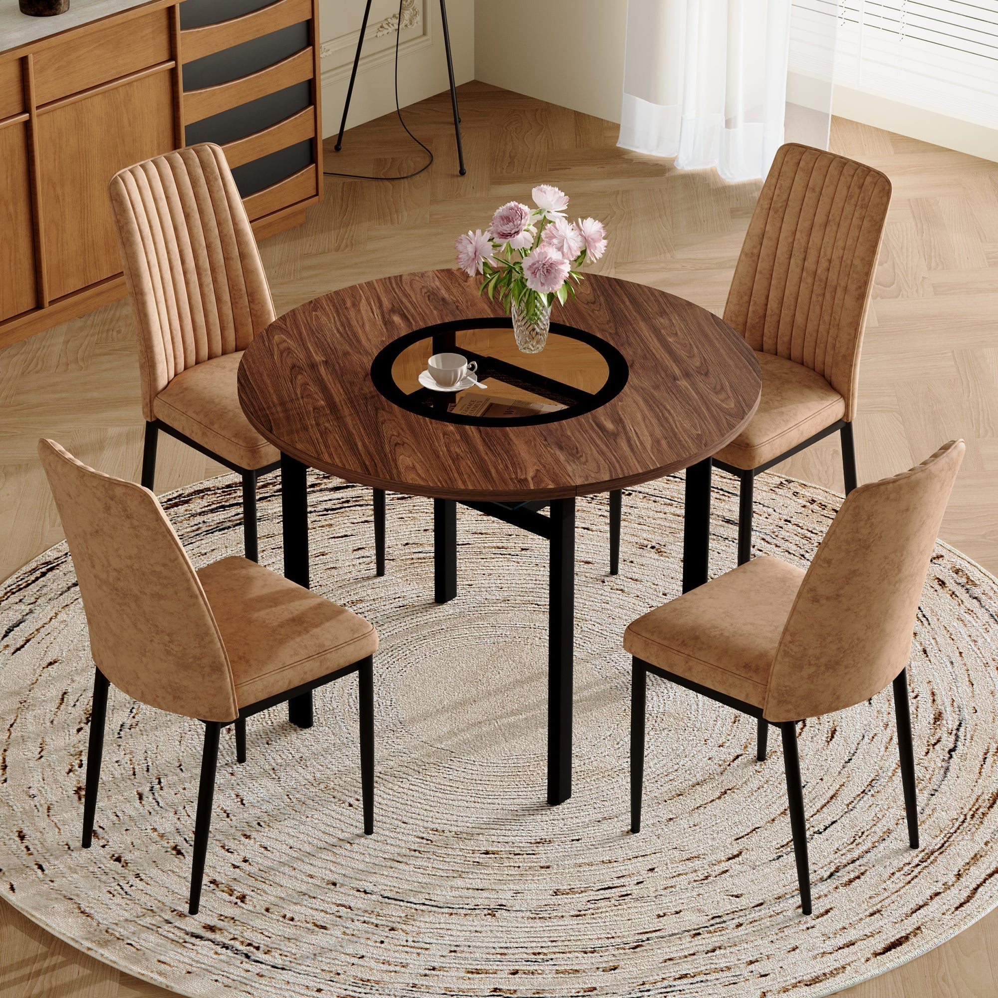 Dining Set Minimalist Round Glass Table 85cm 4 Chairs - Brown