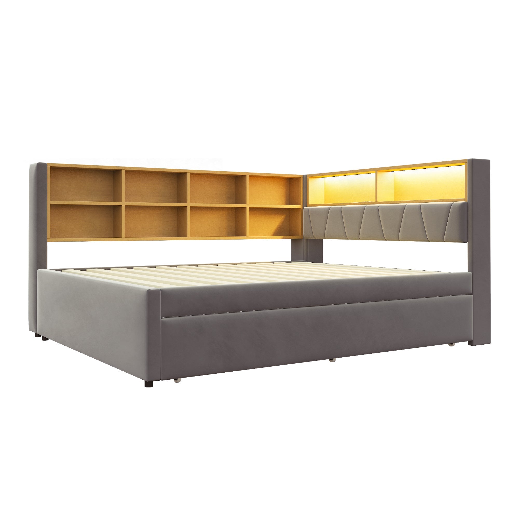 Sofa Bed 140x200 Pull-out LED Storage, Flannel Dark Gray