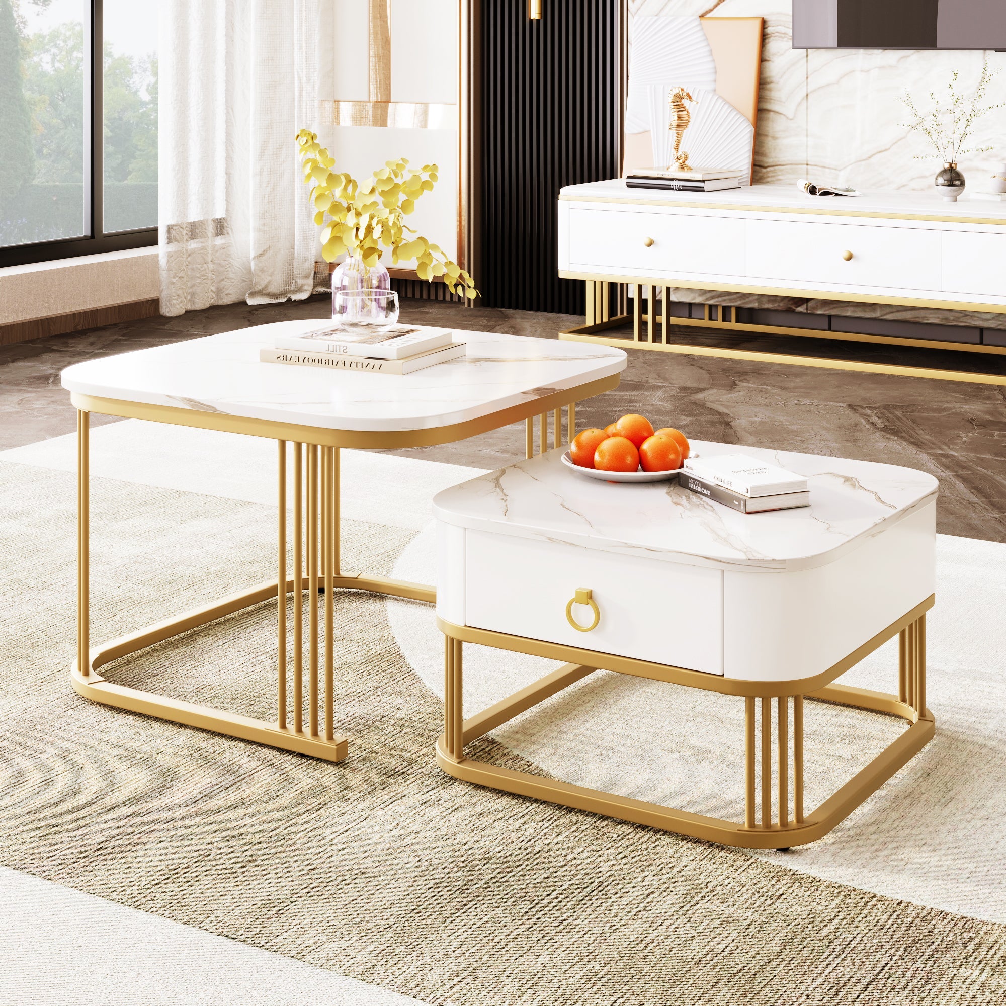 Stackable Coffee Table: Marble Look, Gold Accents, Two-Piece Set