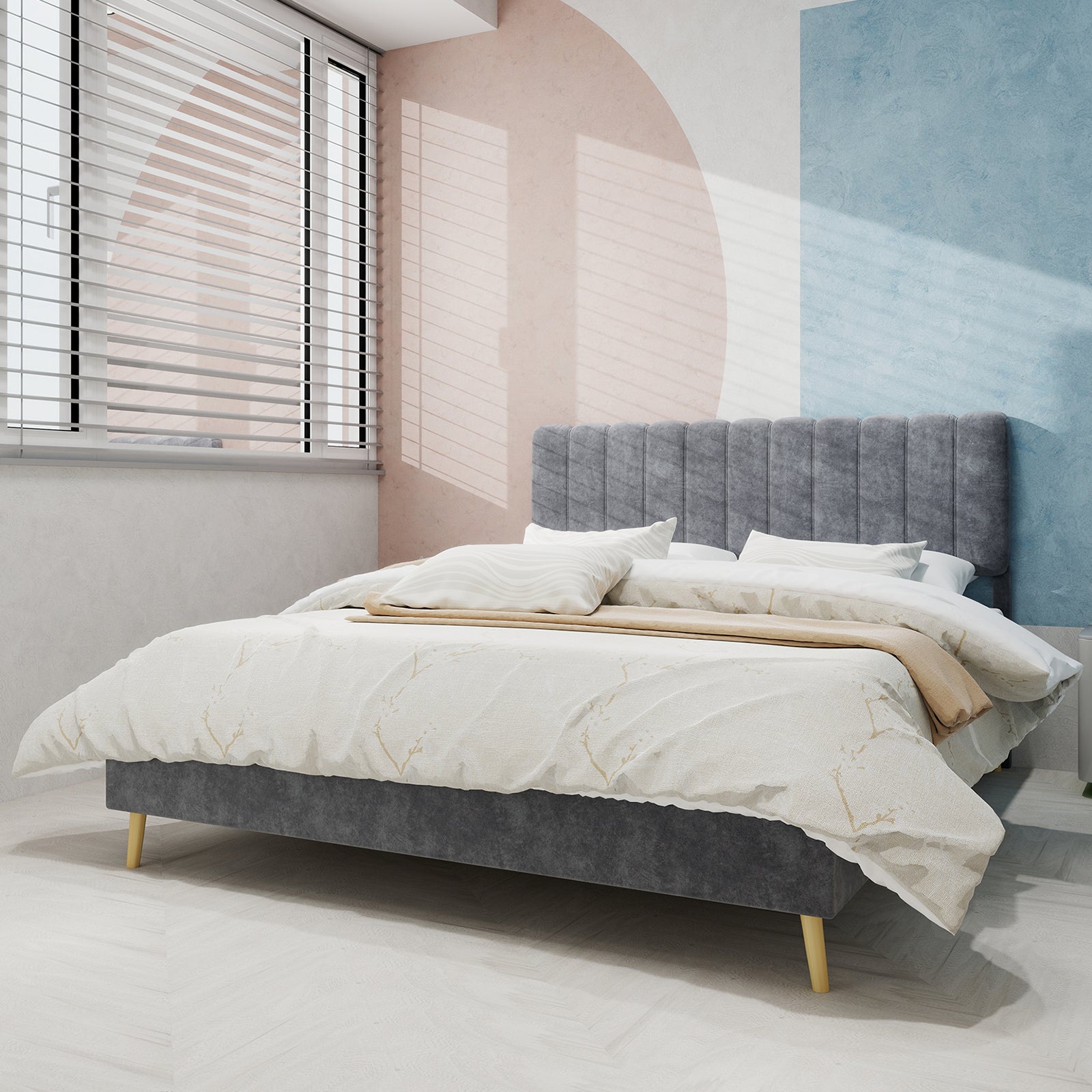 Modern Minimalist Upholstered Bed, Soft Headboard, 160x200 cm, Grey