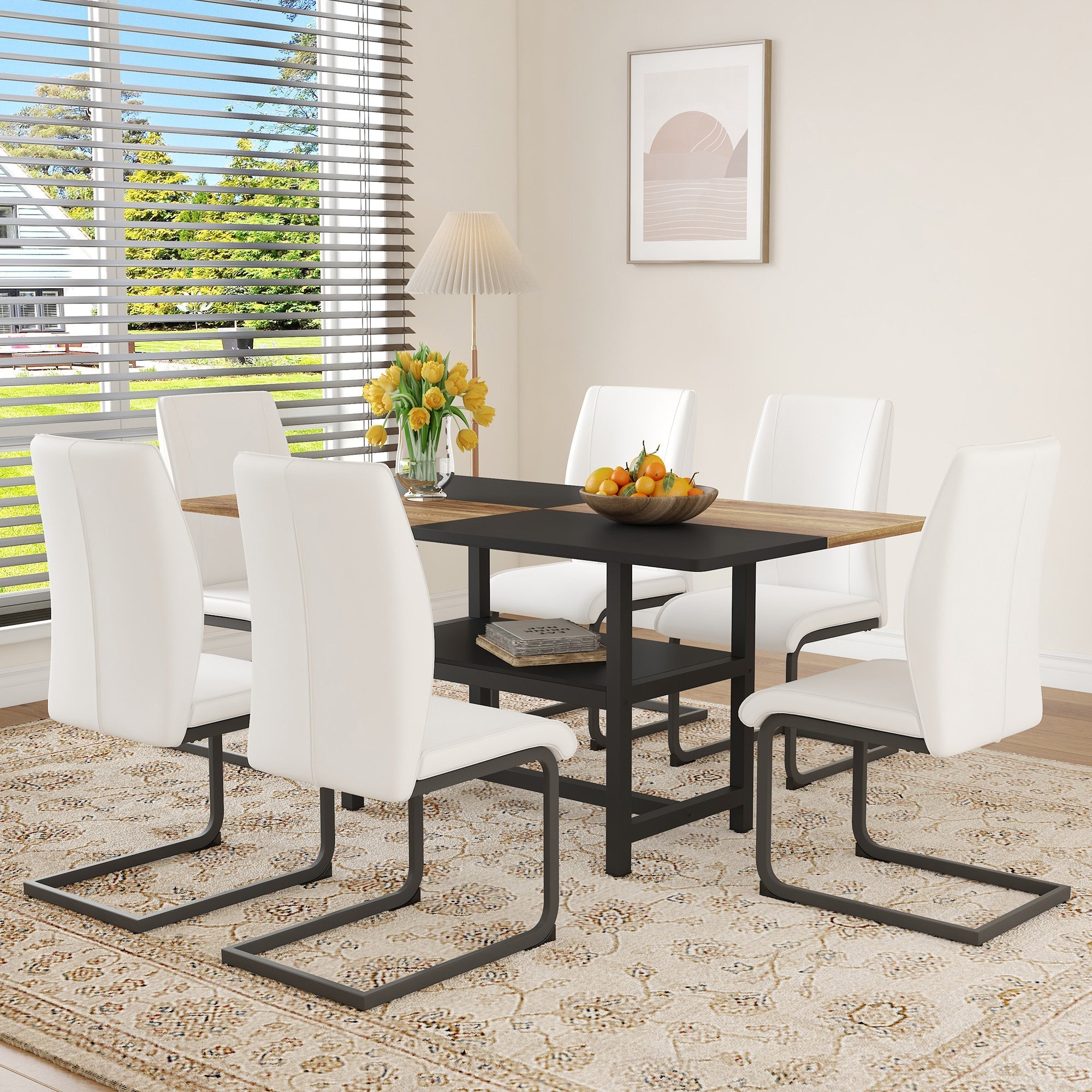 Dining Set - Rectangular Table Storage Shelf 6 Armchairs 160x90cm - White Faux Leather