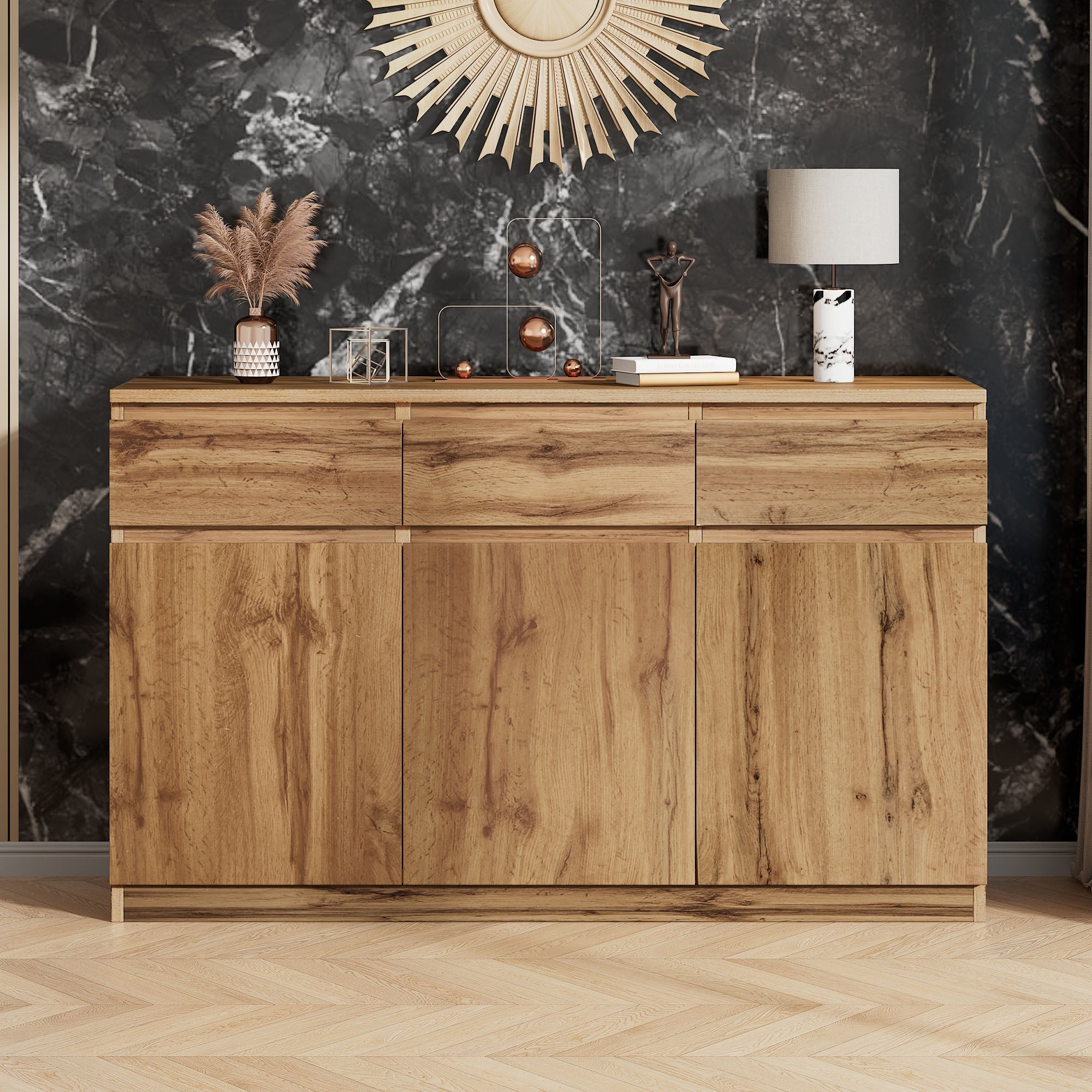 Multifunctional Sideboard 3 Doors 3 Drawers 135x40x81cm - Authentic Wood Look