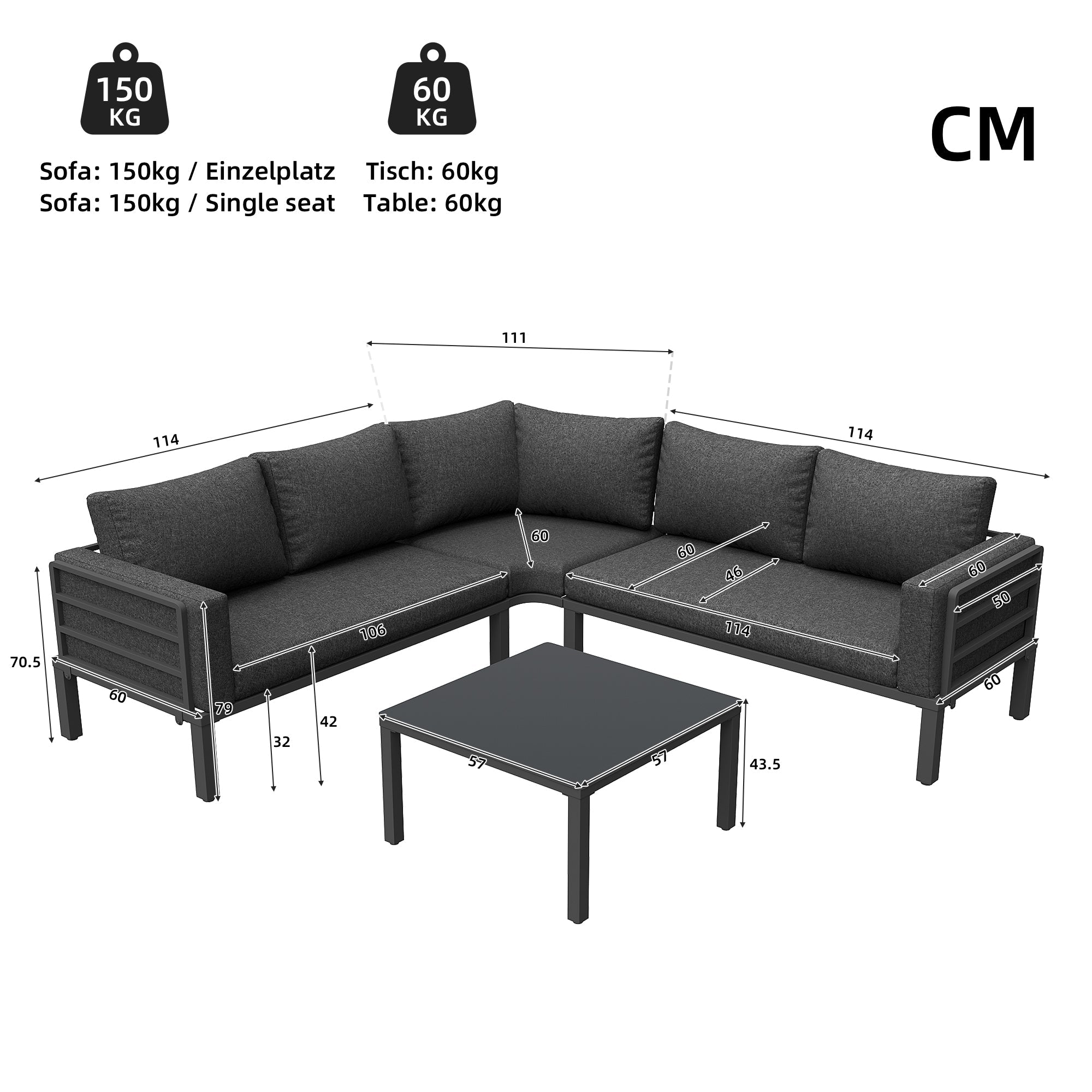 Garden Furniture Set 4-5 Seater with Tempered Glass Coffee Table Adjustable Legs Galvanized Iron Grey Cushions