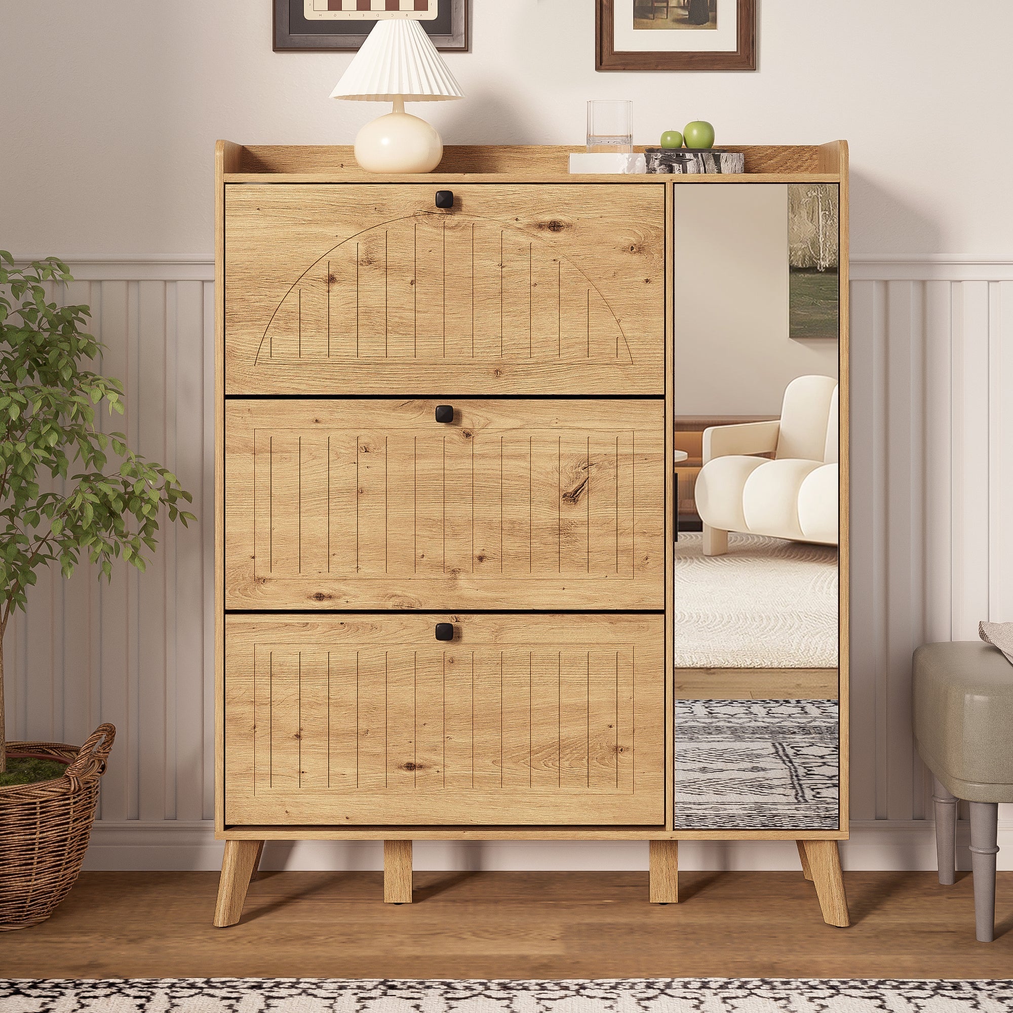 Modern Shoe Cabinet Mirror 3 Flap Doors 110x24x137.5cm