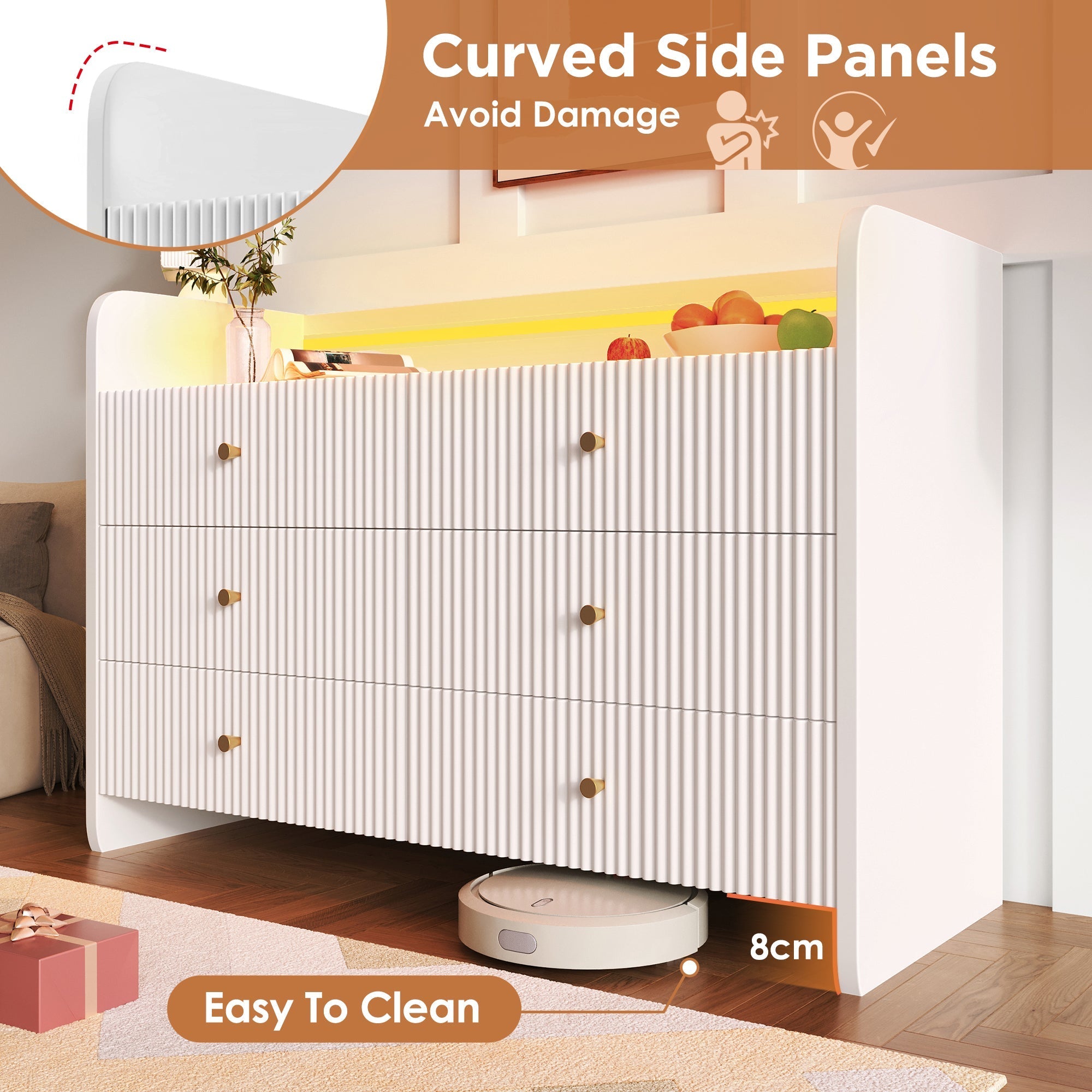 Fluted 6-Drawer Sideboard with RGB LED Lighting & Shelves, White