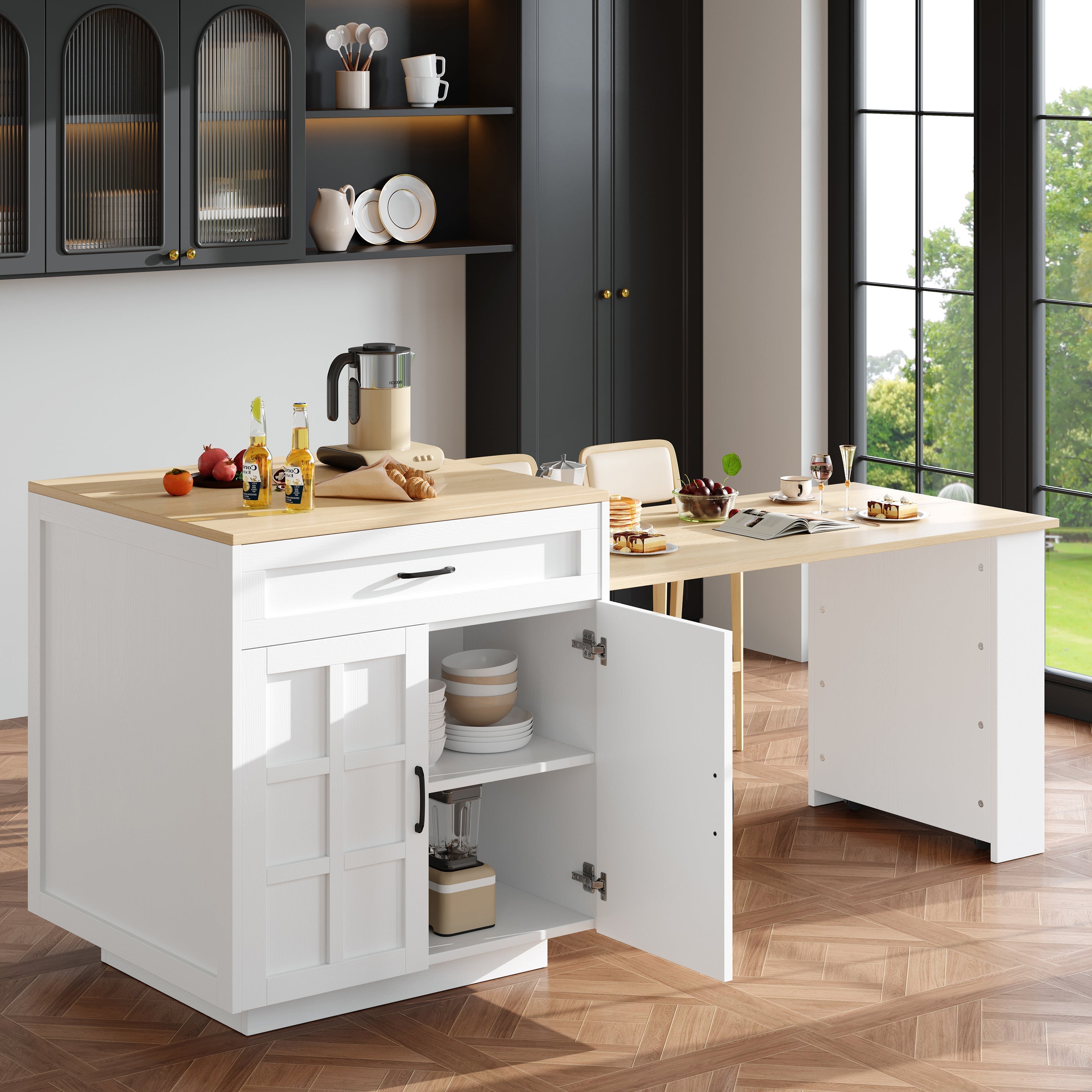 Extendable Bar Table Kitchen Island Dining Cart with Storage Drawers and Shelves White