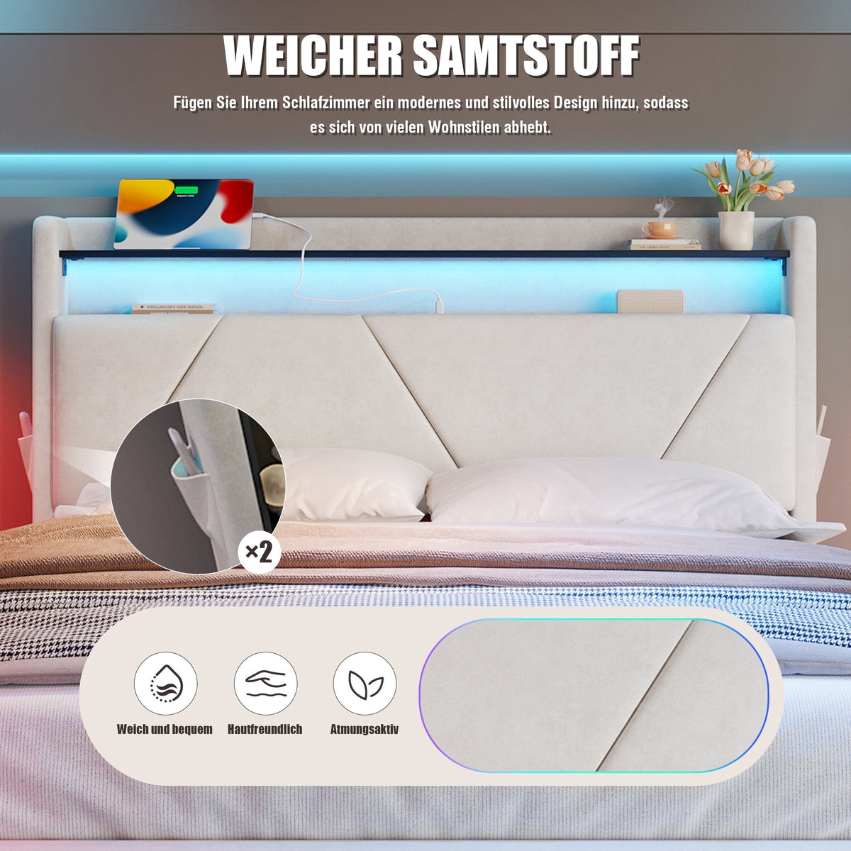 Upholstered Bed 160x200cm LED Headboard Storage USB Gas Lift