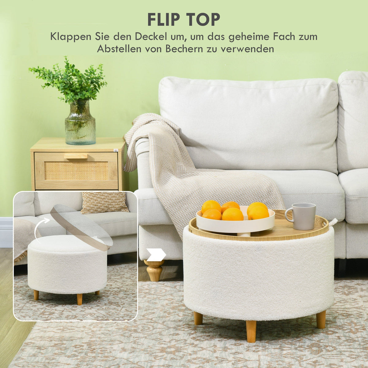 Ottoman Round Upholstered Storage Hinged Lid Wooden Legs, White