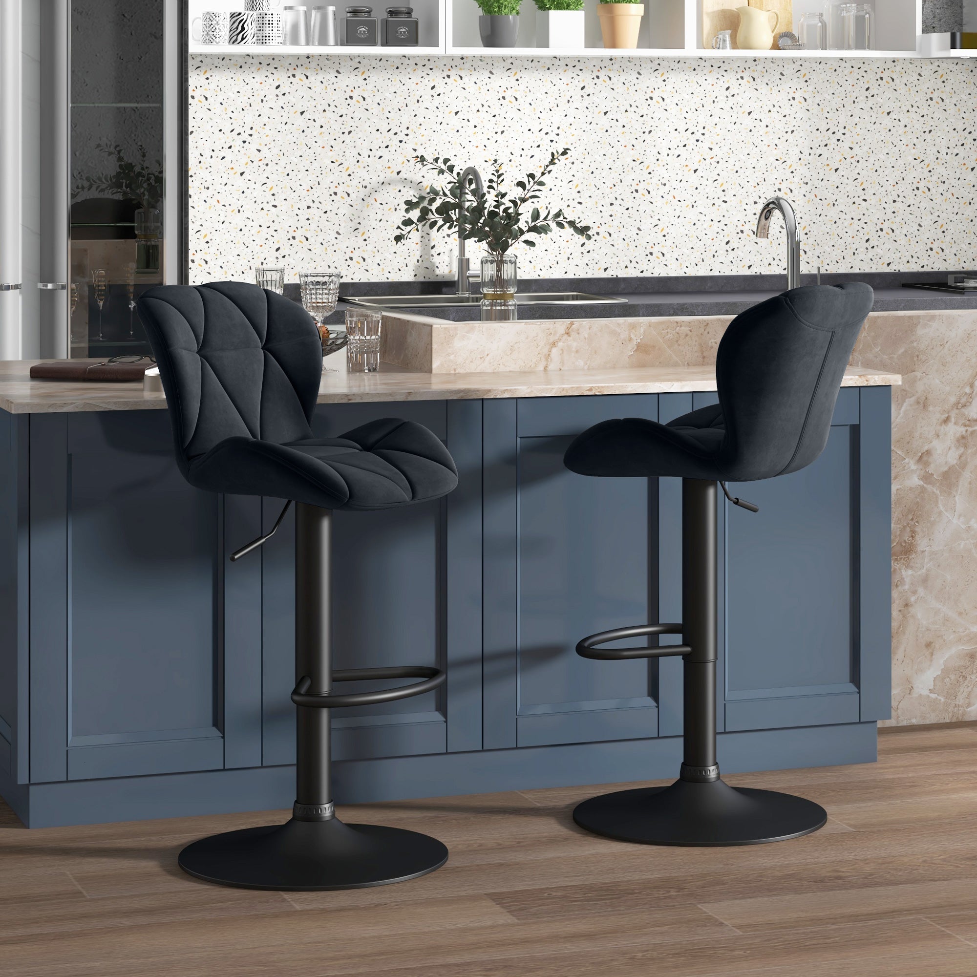 Bar Stools, Swivel Height-Adjustable with Backrest, Velvet Black