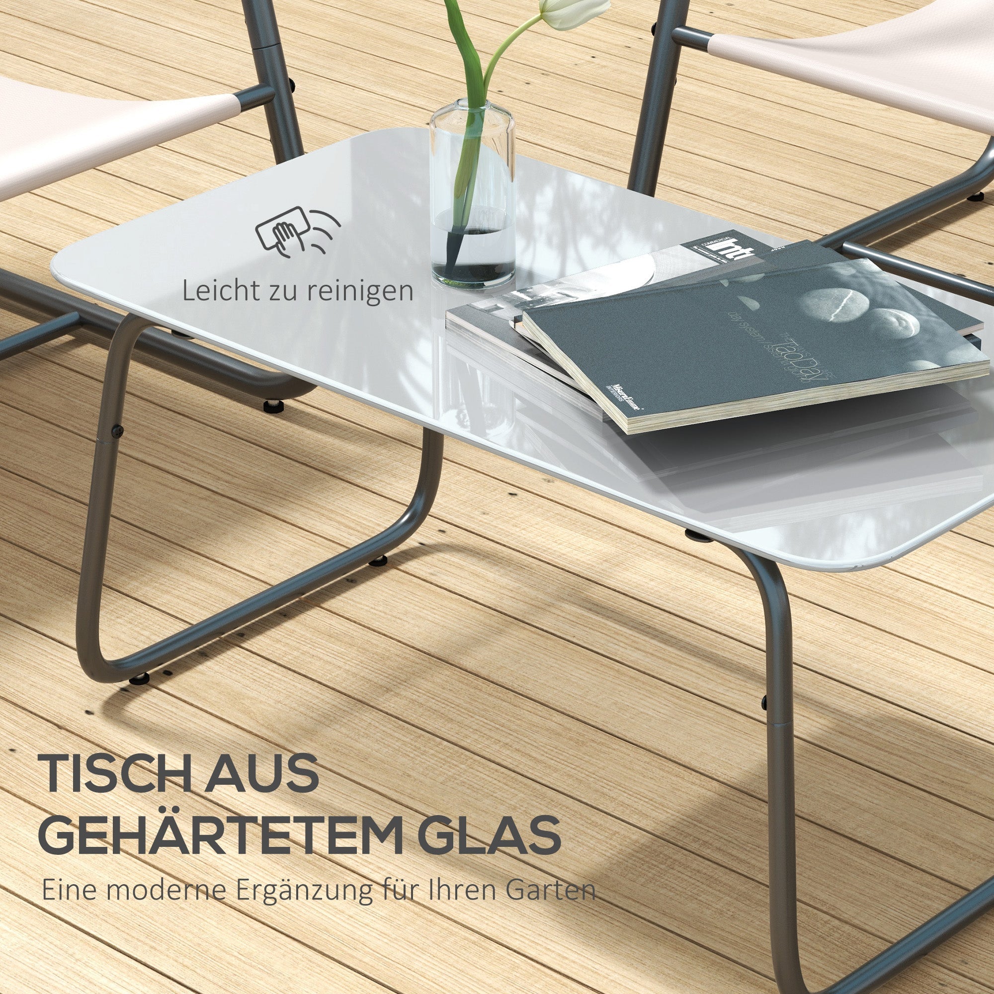 Garden Furniture Set 4-Piece, 2 Armchairs, 1 Two-Seater, Tempered Glass Coffee Table, Cream