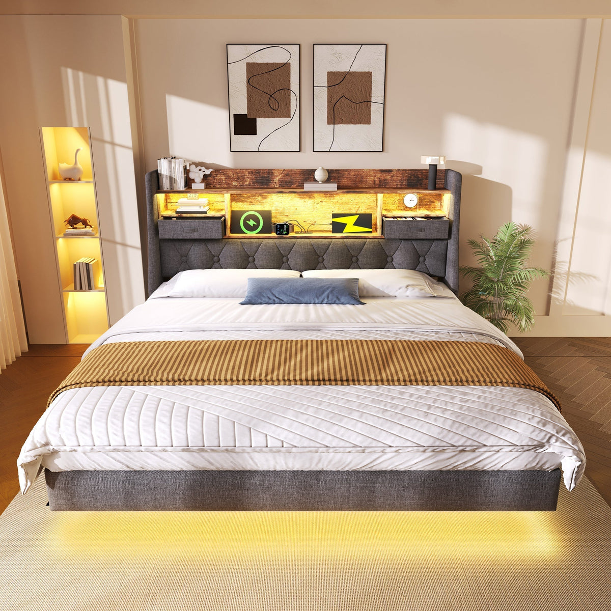 Upholstered Bed 140x200cm Floating LED Charging Station Storage Headboard Linen, Grey