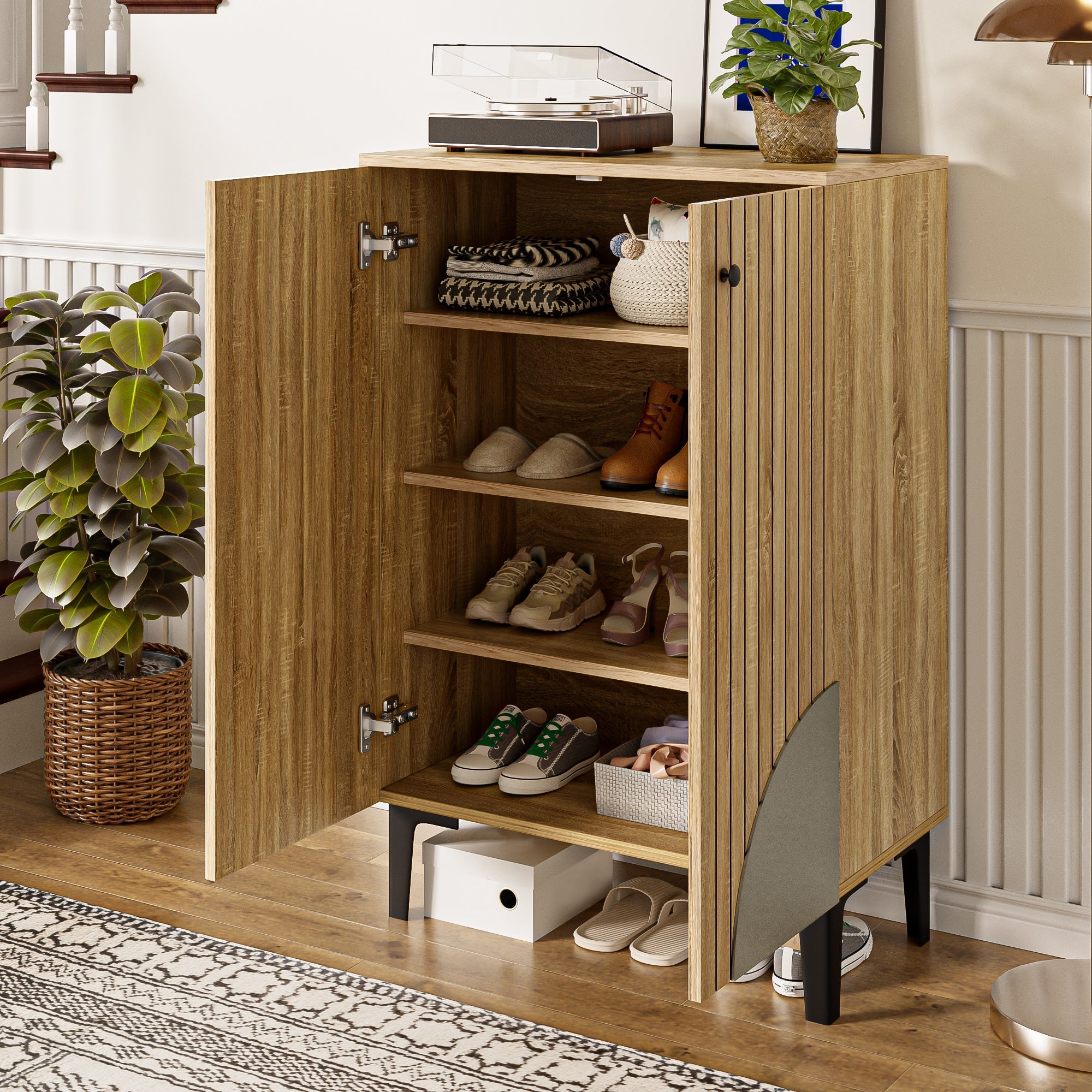 Wooden Shoe Cabinet - Space-Saving Organizer with Shelves & Storage - Black Metal Frame