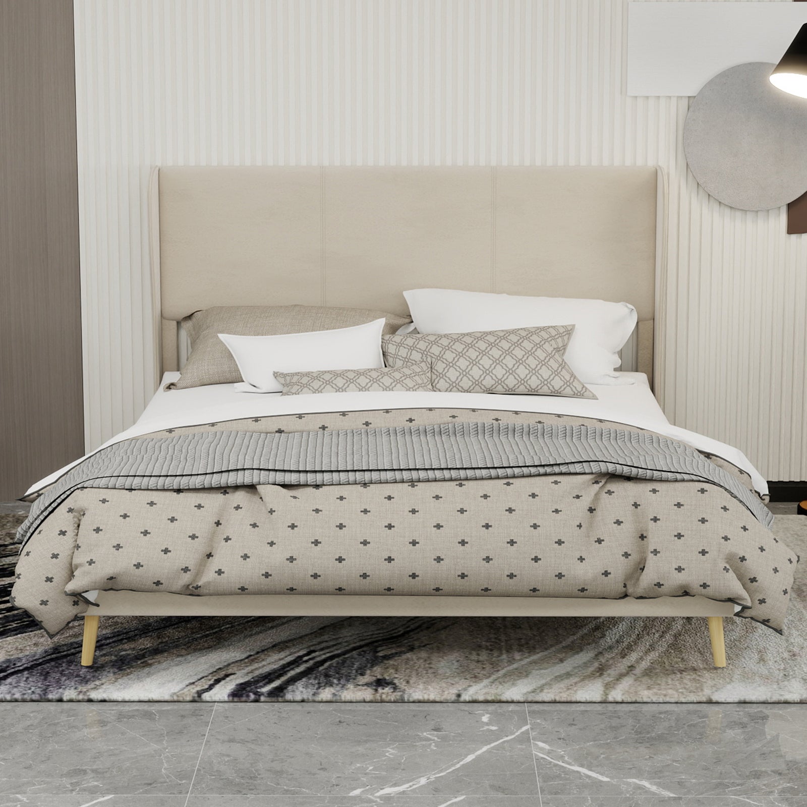 Modern Minimalist Upholstered Bed with Plush Headboard, 160x200 cm, Beige, Multifunctional Bedroom Furniture, Low-Profile Non-Storage Base (Without Gas Lift), Mattress Excluded.