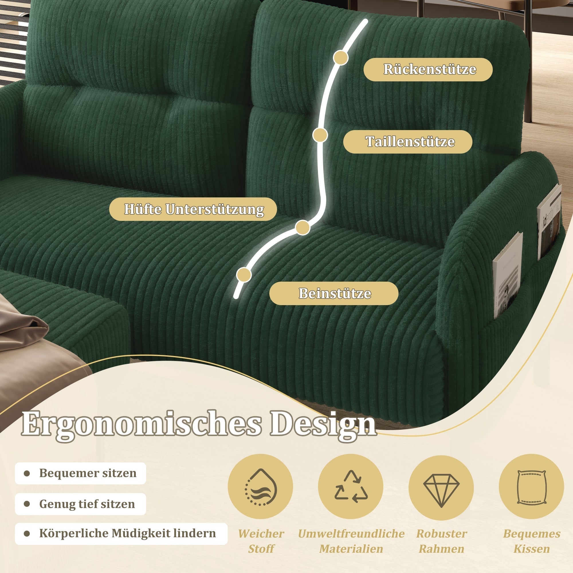 Two-Seater Sofa, Comfort Padding High Backrest Side Pockets Metal Feet, Corduroy