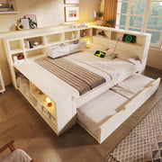 Storage Bed 140x200 with Pull-out Bed, 8 Storage Compartments and USB Charging Ports, White Wood