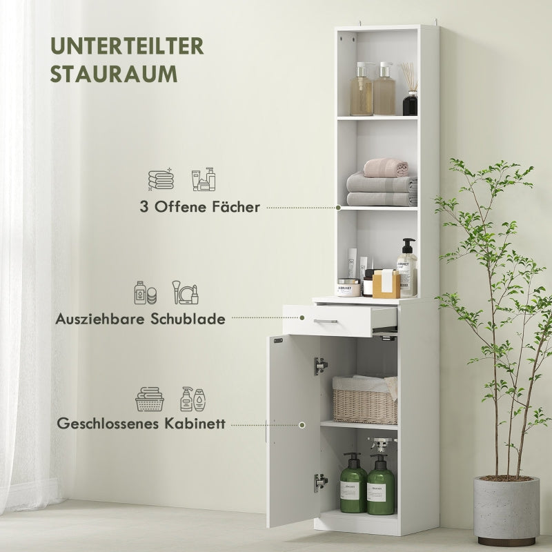 Hoher Badezimmerschrank, Schubladentür, verstellbare Einlegeböden, Weiß