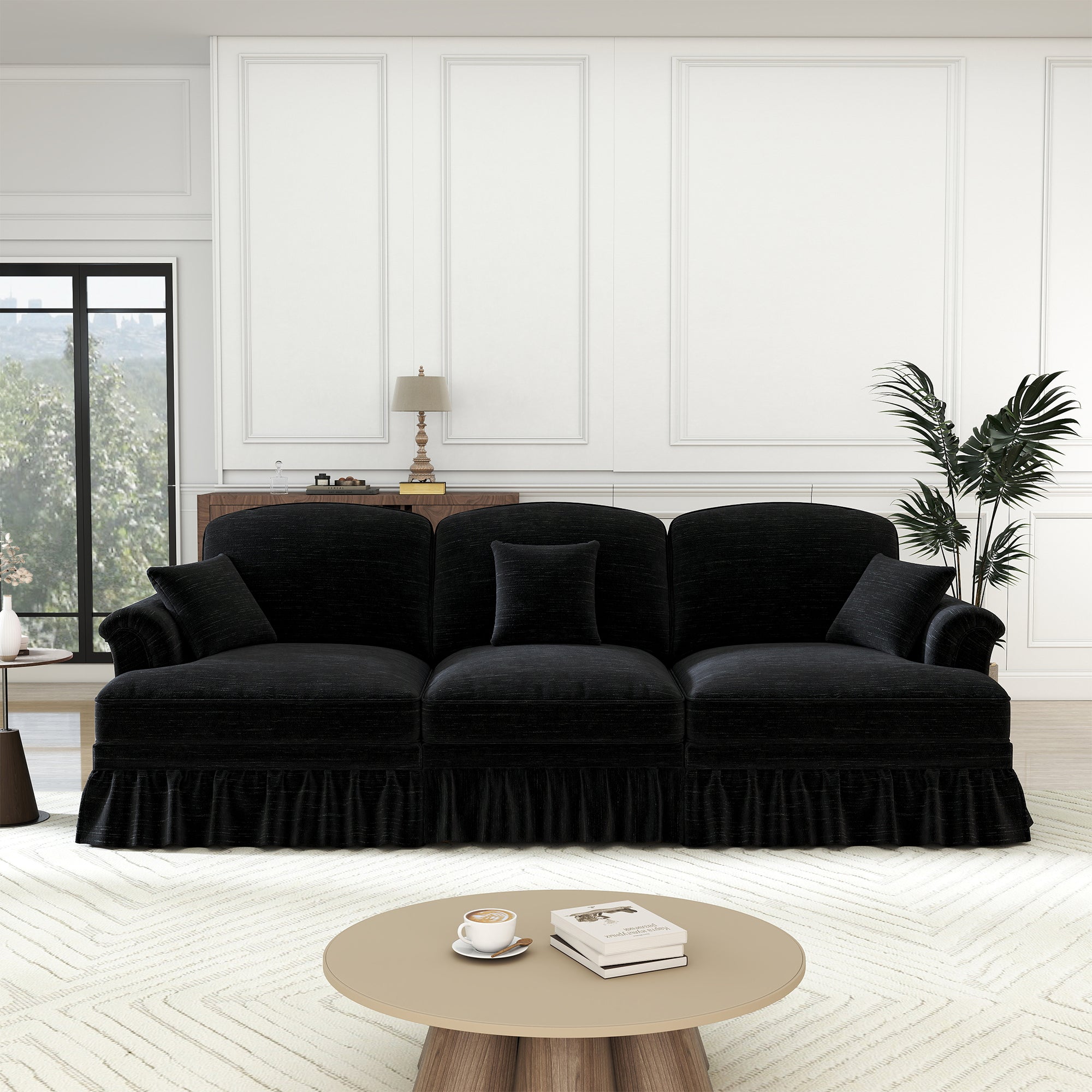 Sofa 3-seater Mid-Century Chenille Ruffled Apron - Black