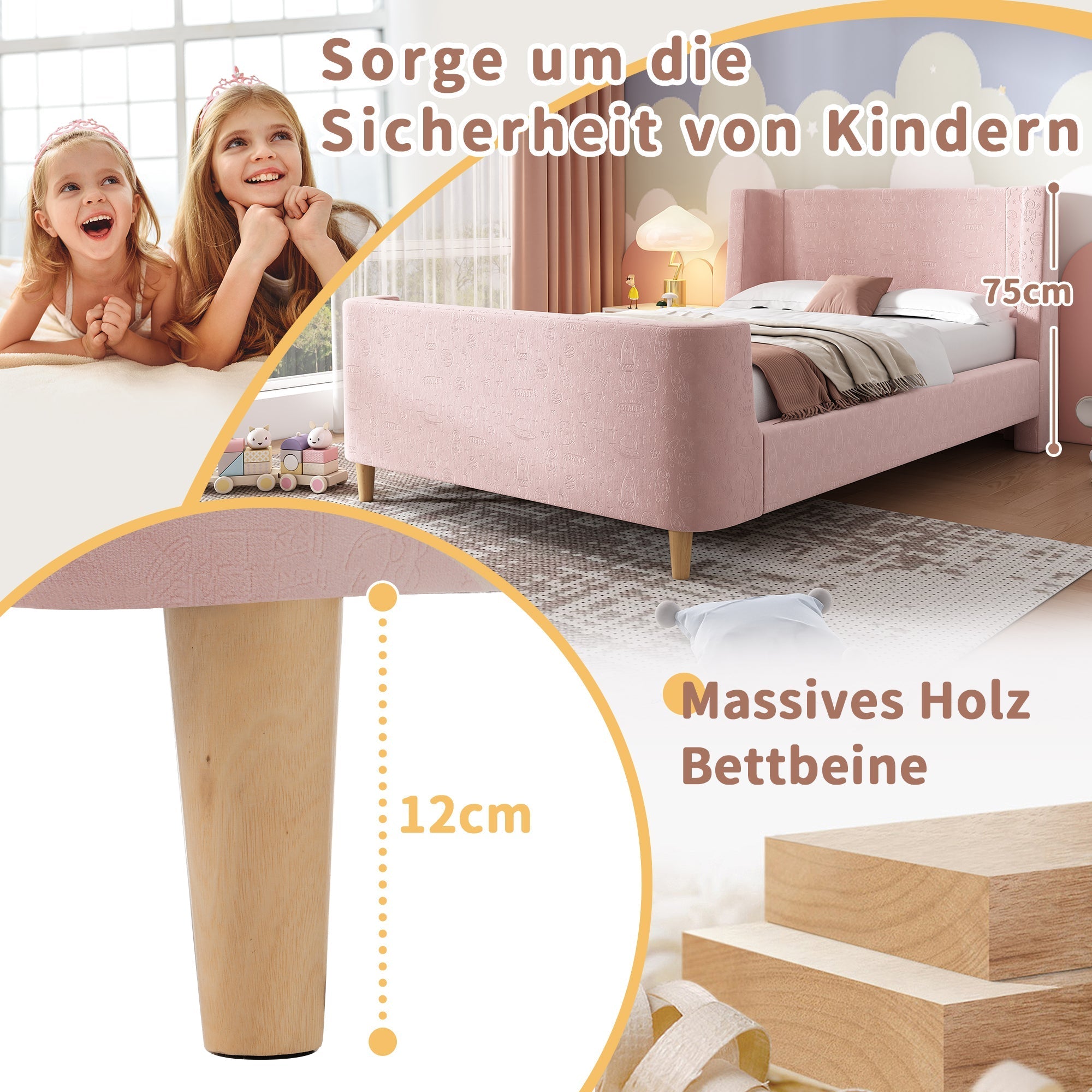 Children's Bed Upholstered Sleigh Bed, Cosmic Pattern, 90x200cm, Pink Velvet