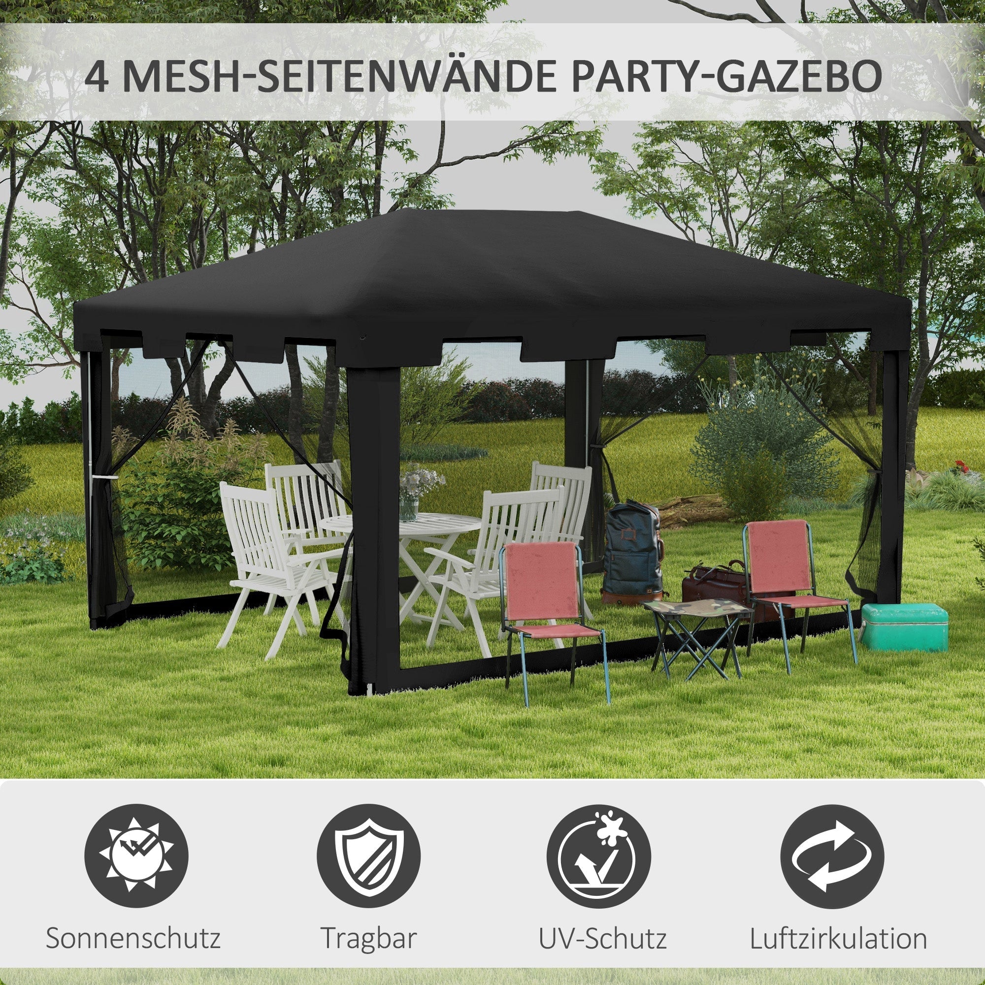 Pavilion Party Tent 4x3m Garden with Mesh Side Walls, Metal PE Dark Grey