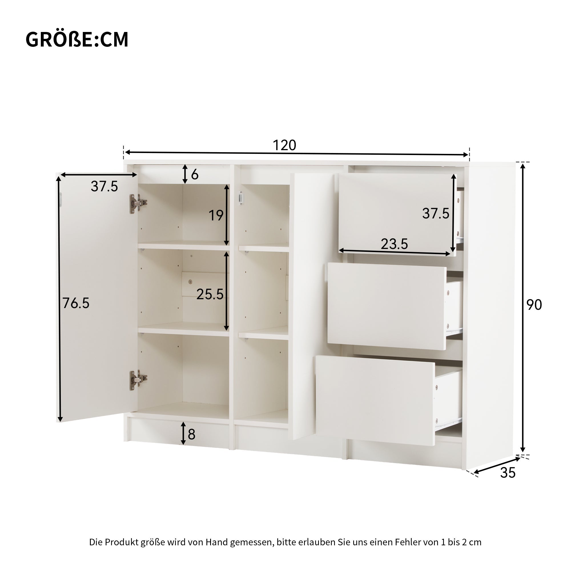 Modern Sideboard Chest of Drawers Shoe Cabinet with Storage, Two Doors, Three Drawers, Adjustable Shelf, White