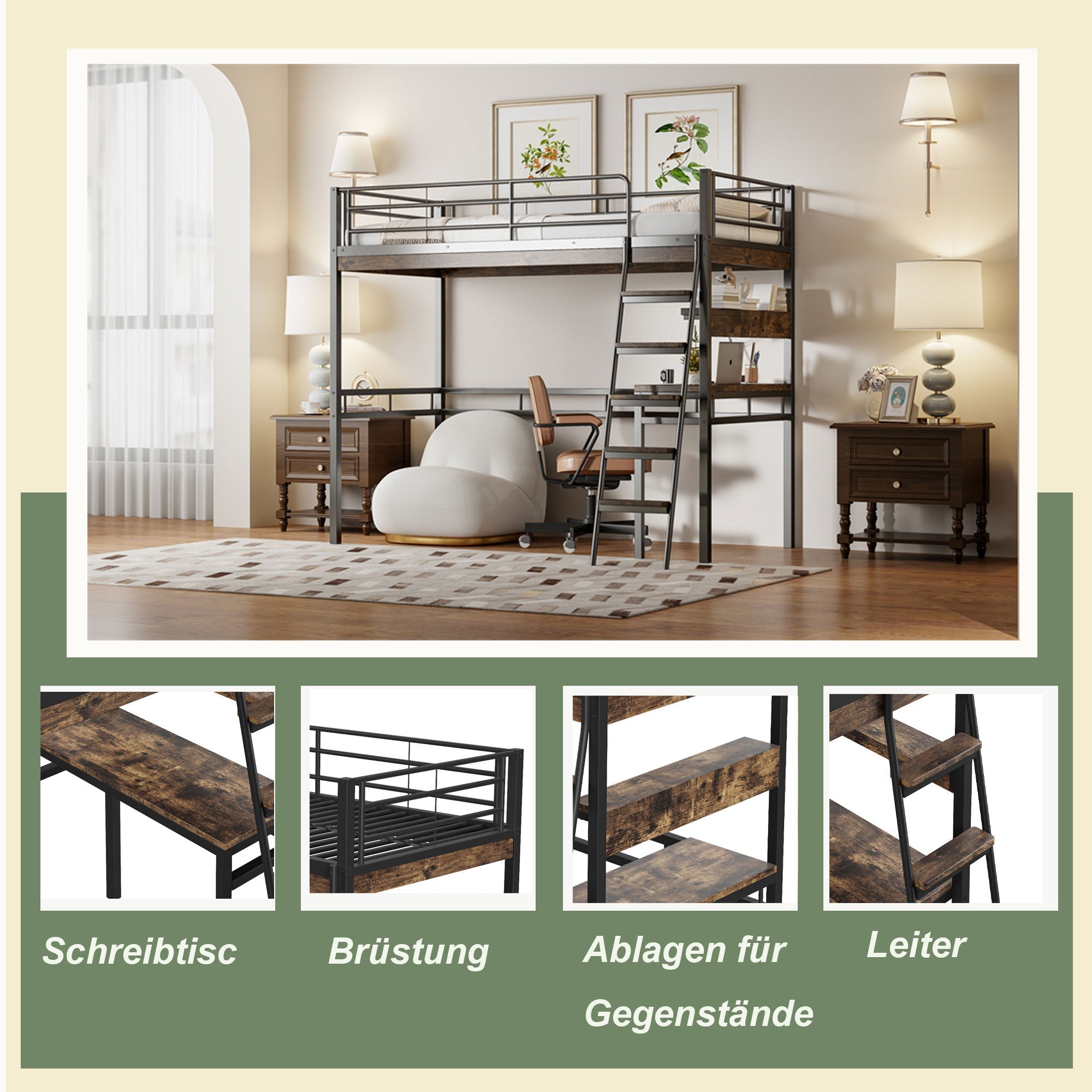 Loft Bed 90x200cm with Desk Shelves Ladder - Black Iron