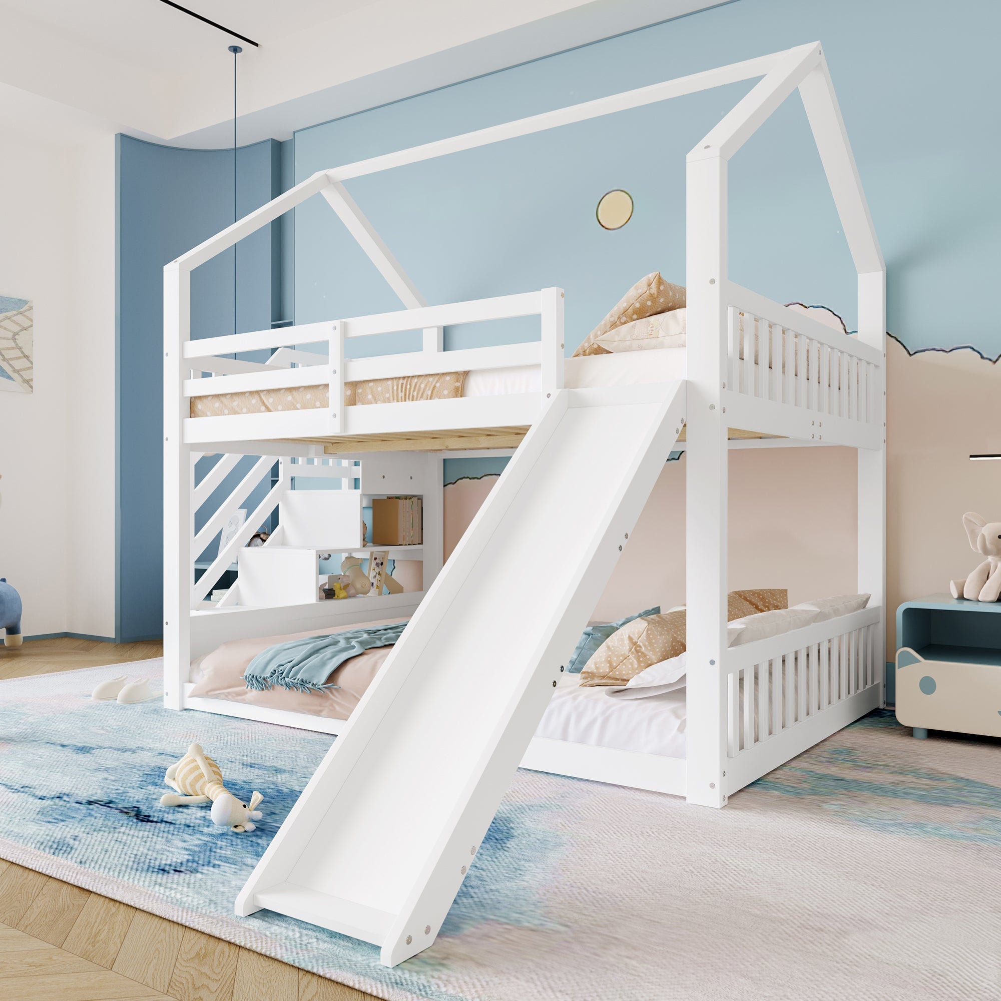 Bunk Bed with Storage Stairs and Slide, 140x200cm, White