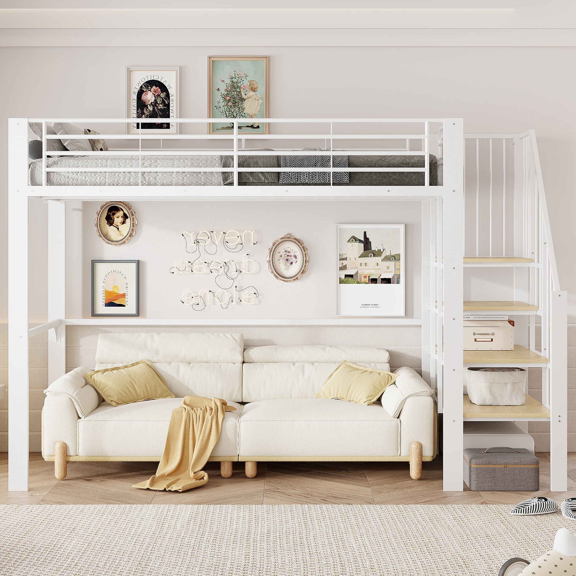 Loft Bed 90x200cm Spacious Storage Under Bed Stairs - Metal Construction