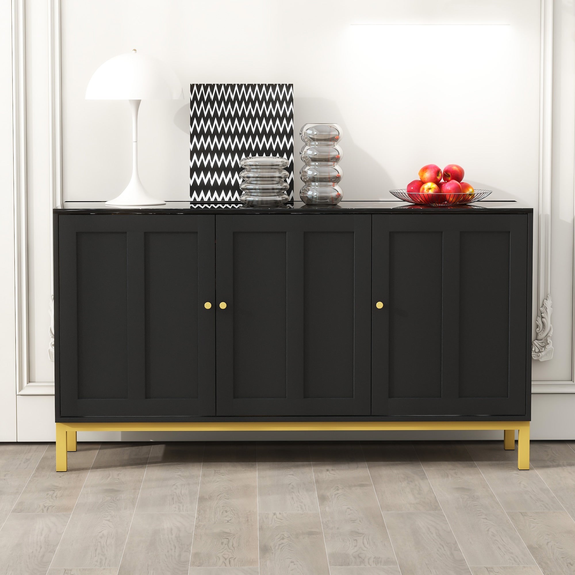 Sideboard, 3-Door with Marble Tabletop, Black
