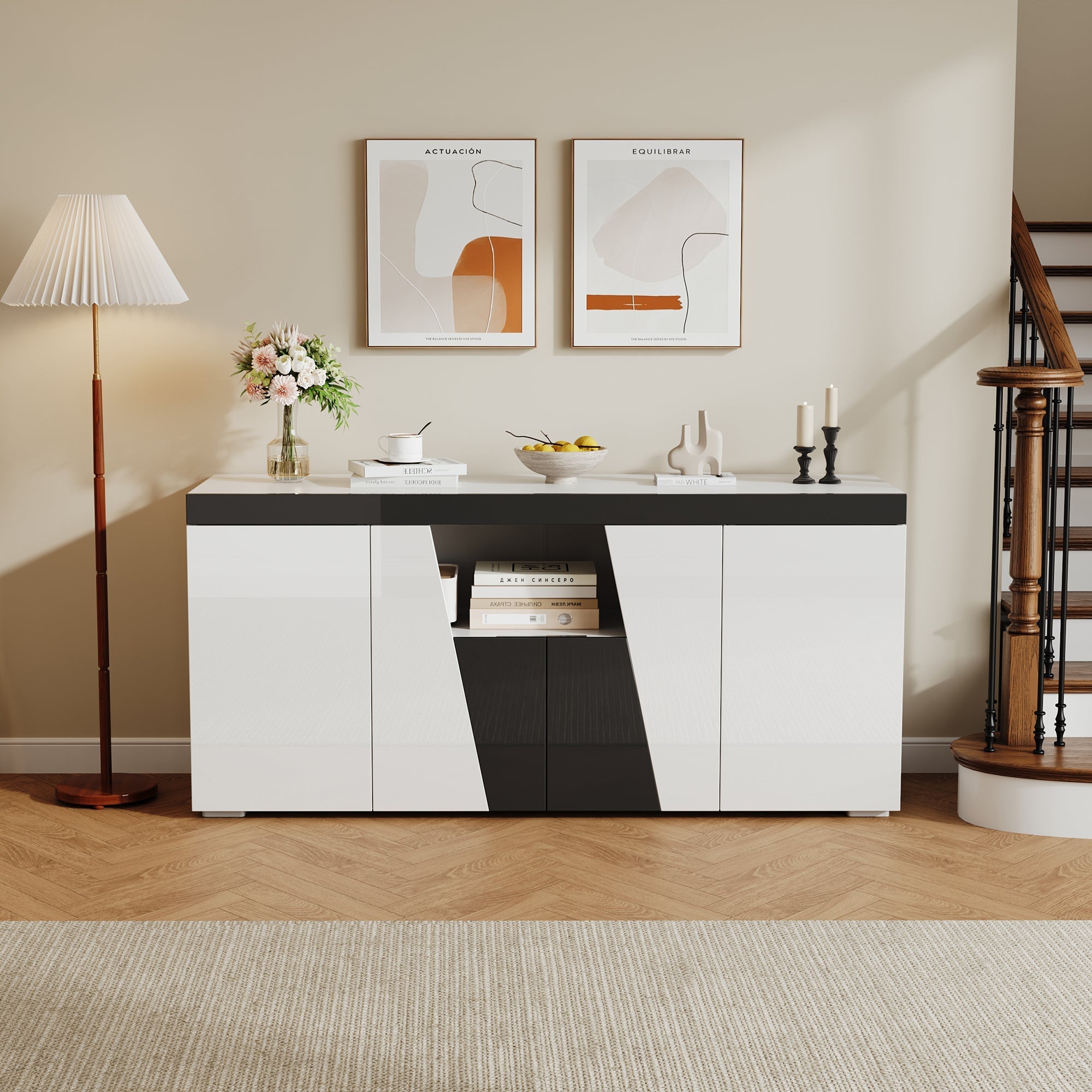 Living Room Sideboard 140x40x65cm Large Storage 4 Doors LED Light Strip Angled Design Black and White