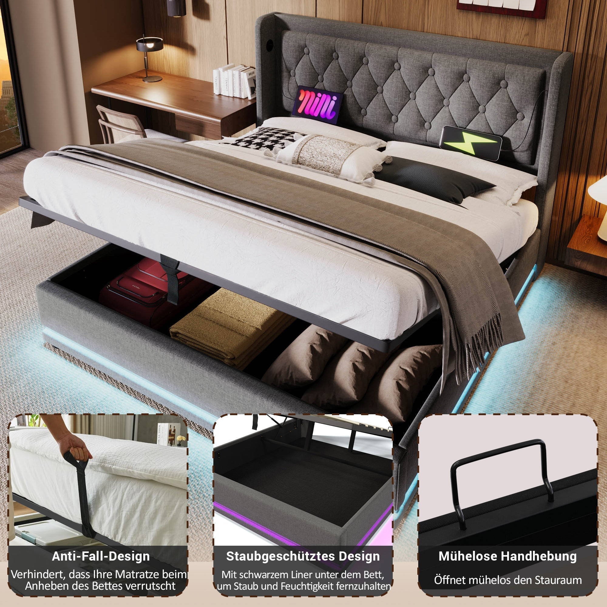 Upholstered Bed Double 140x200 cm, Hydraulic Storage, USB-C Charging, 3-Sided LED, Gray Cotton