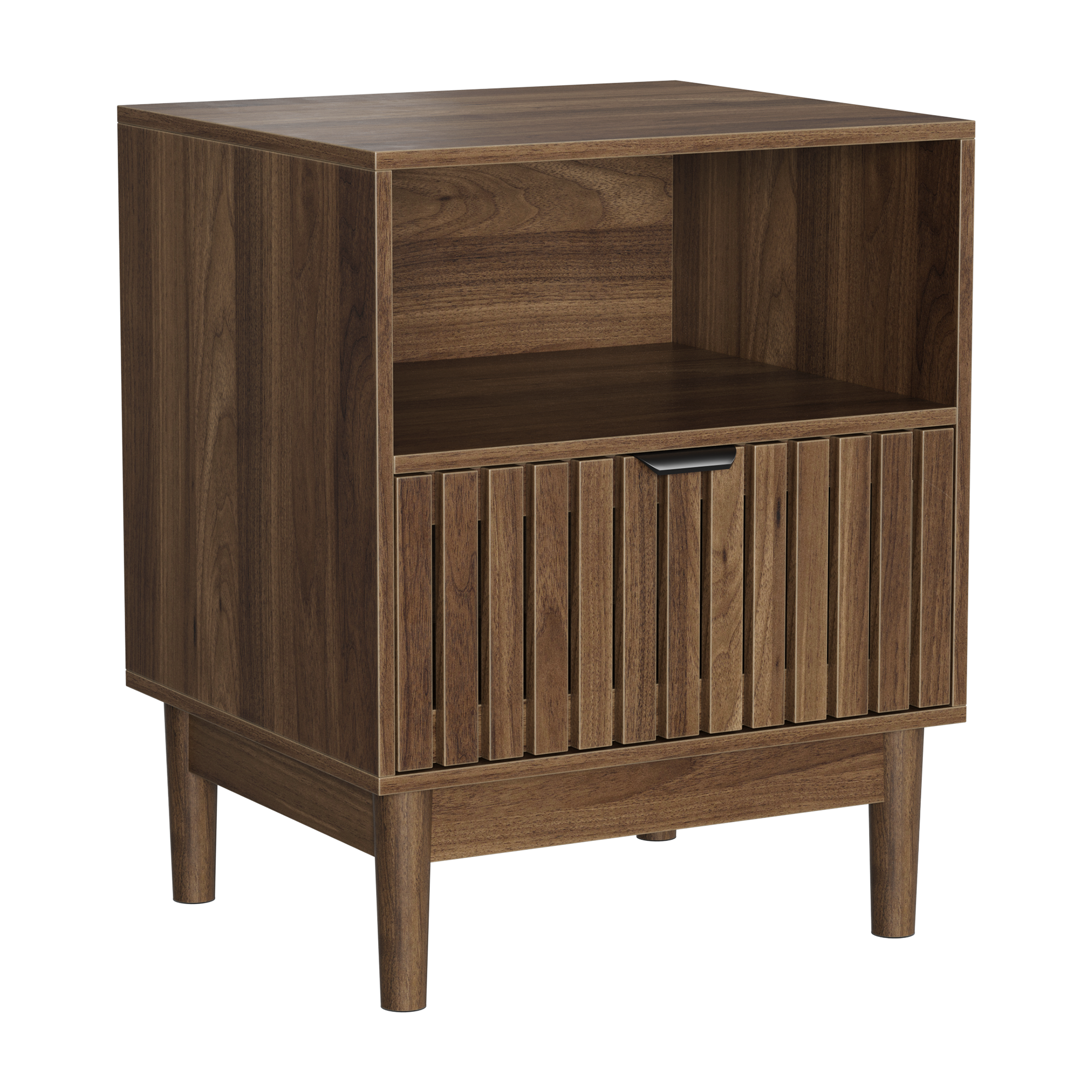 Modern Nightstand with Slatted Base and Drawer, 45x39x56.5cm, Walnut Wood Color