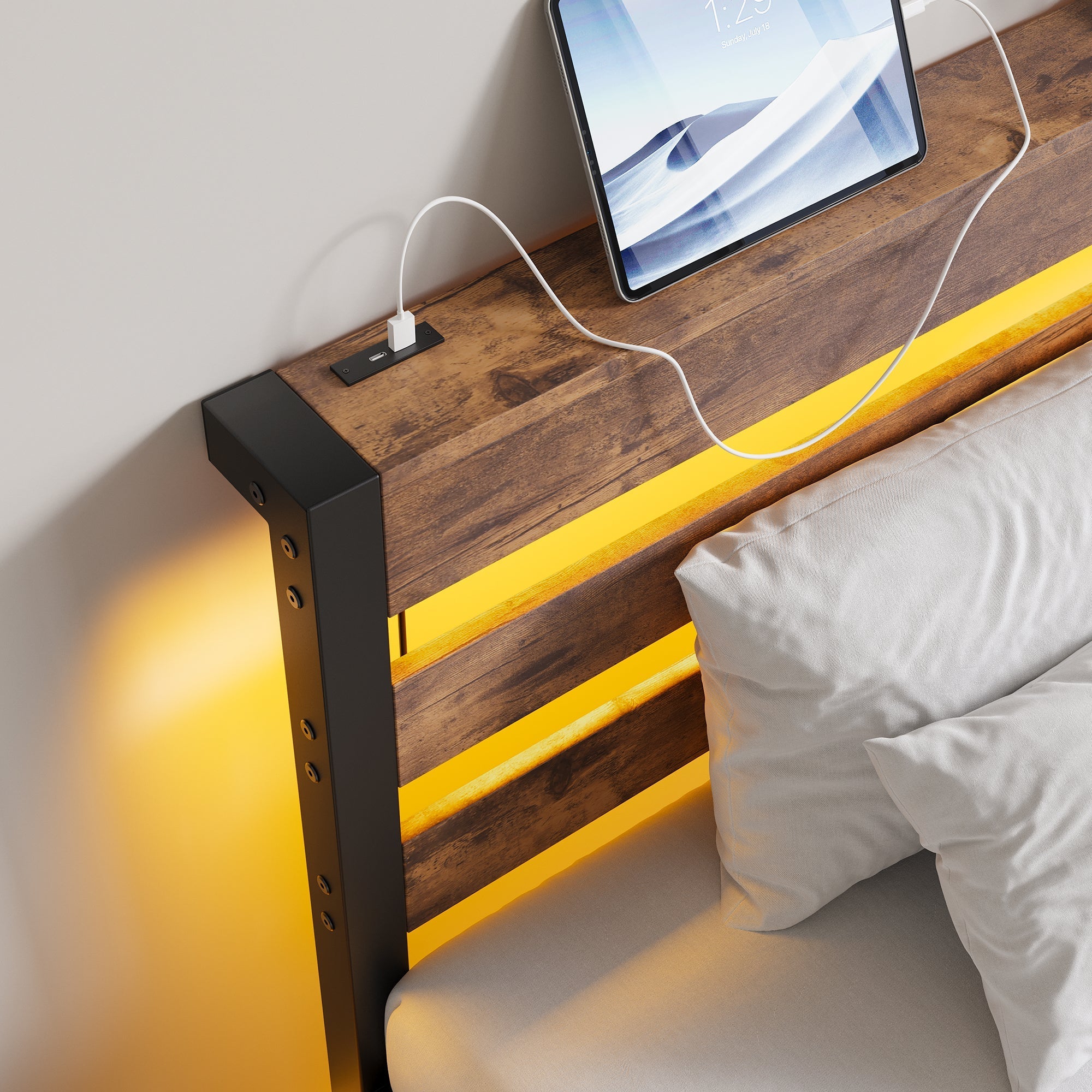 90x200 Bed Frame LED USB Charging Storage - Metal