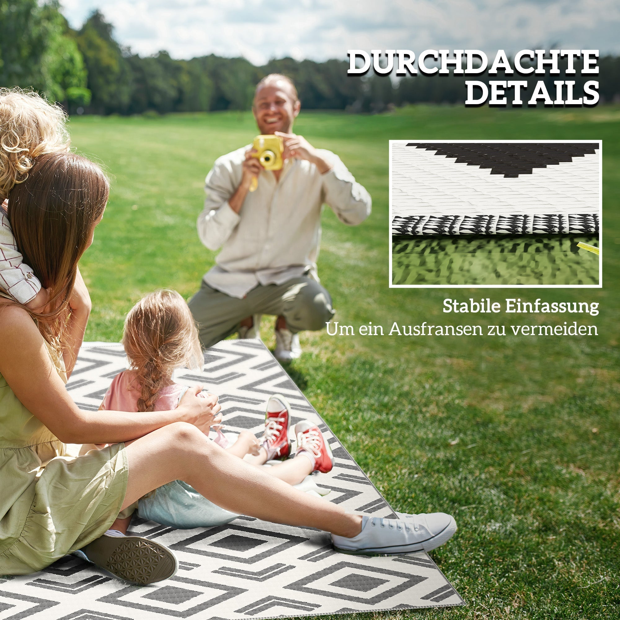 Outdoor Rug, Robust Weatherproof Foldable, Black and White