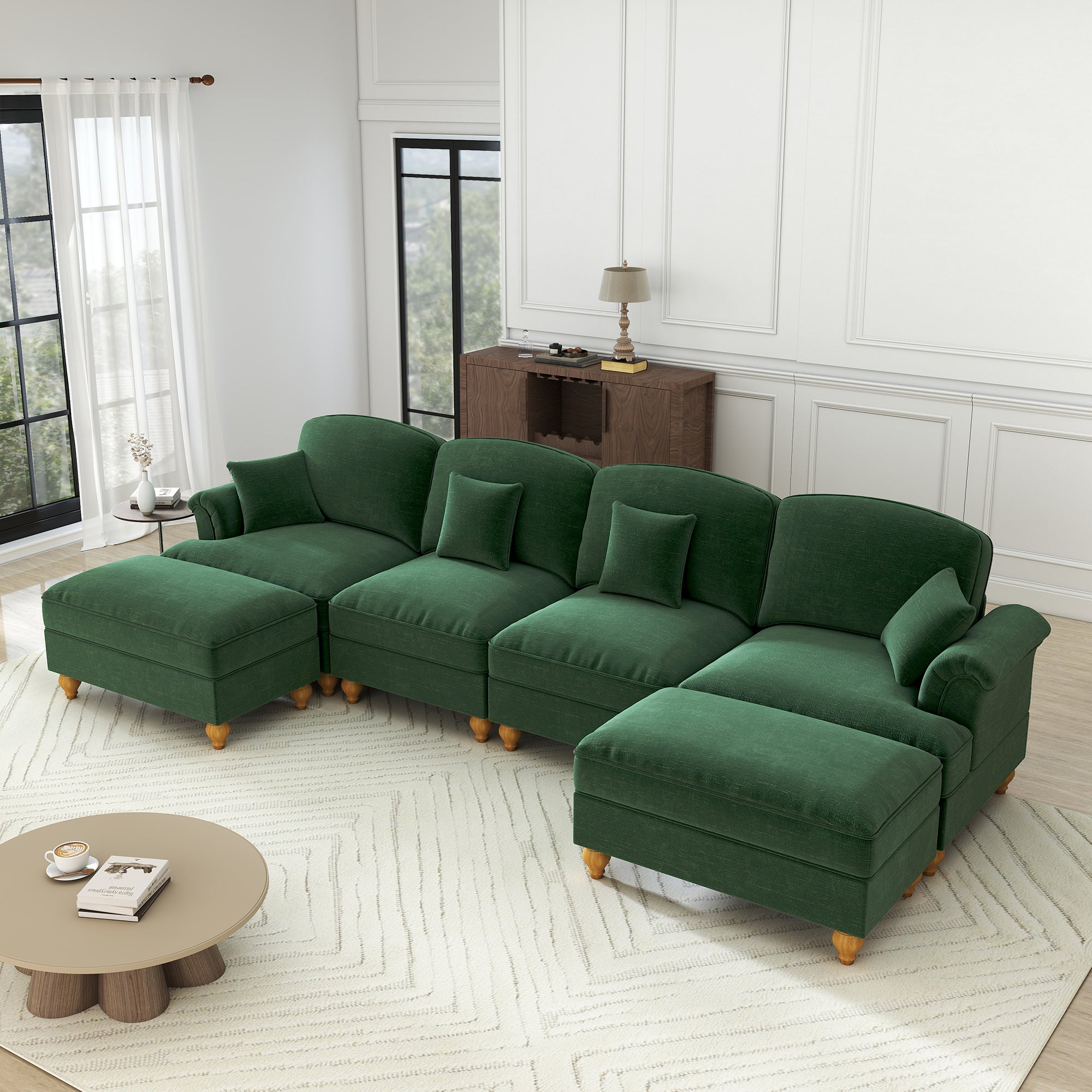 U-shaped Modular Sofa 4-Seater Movable Ottoman - Chenille Green