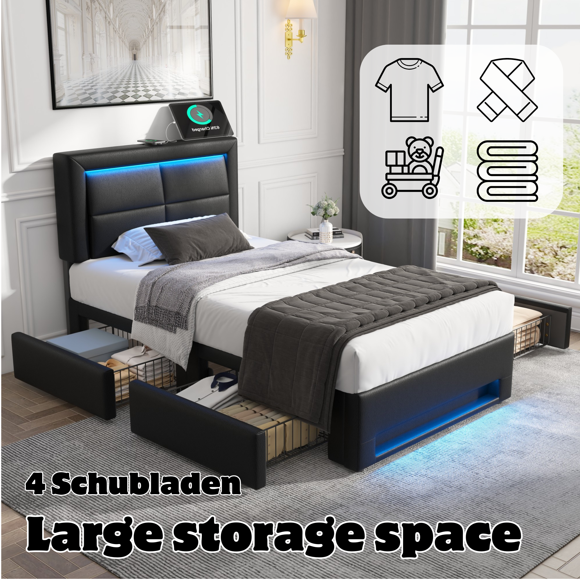 Upholstered Bed 90x200cm LED USB Charging 4 Drawers - Black PU Lychee