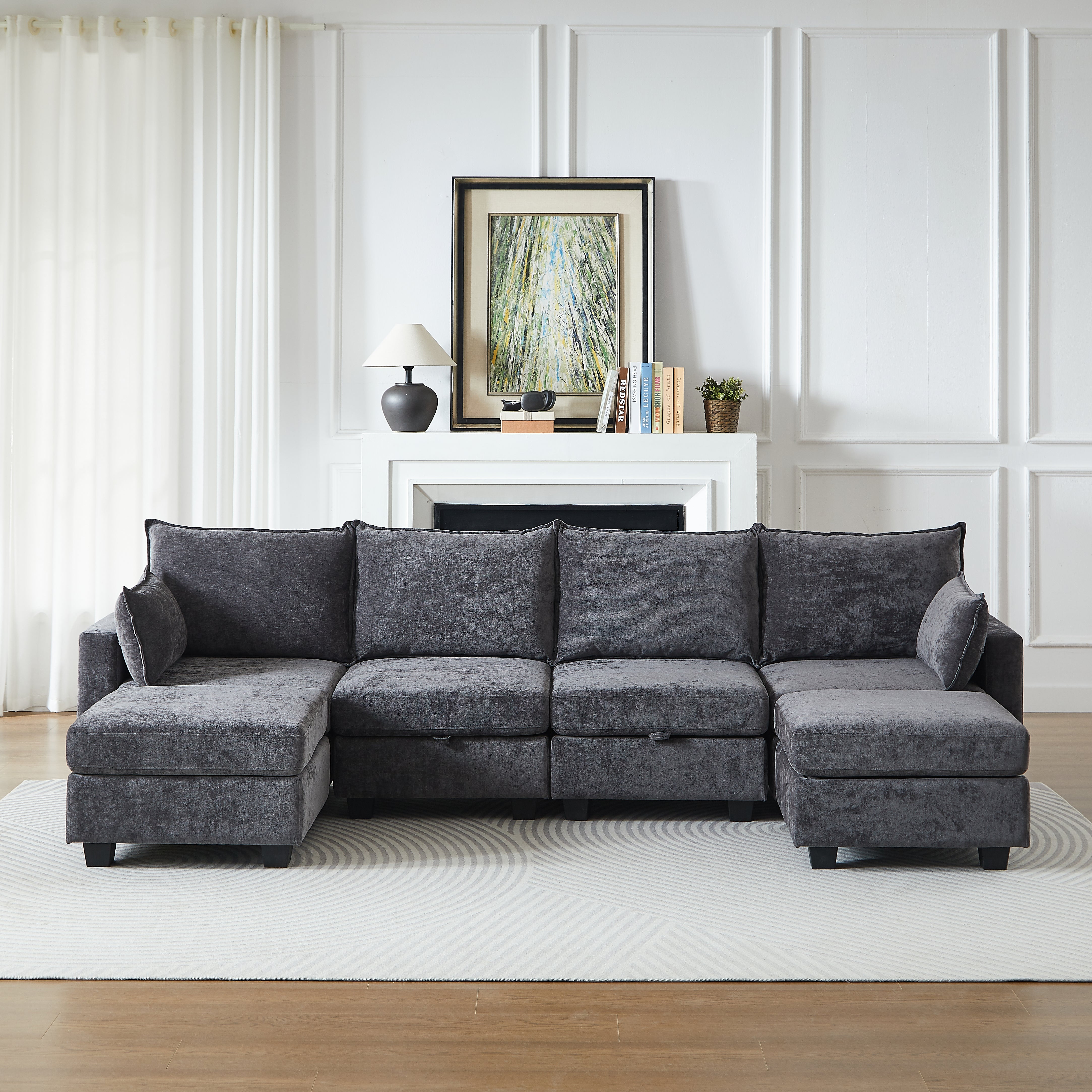 Modular Sofa U-Shaped 6-Seater Chaise Longue Storage Ottoman Chenille