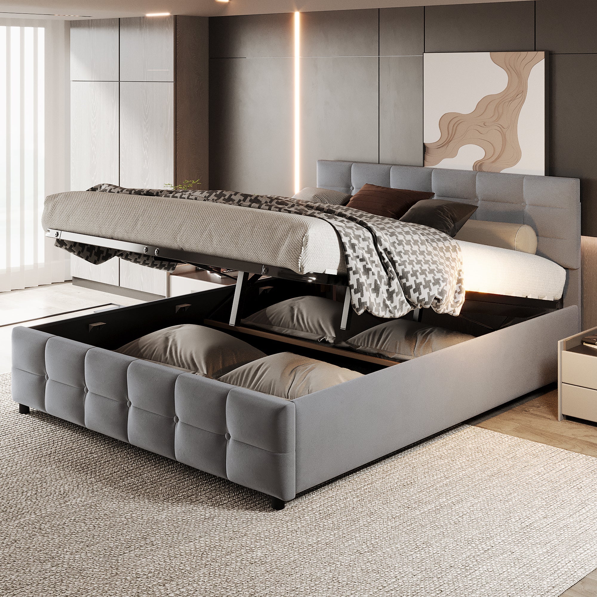 Upholstered Bed, 180*200cm Hydraulic Single with Slatted Frame, Dutch Velvet Grey