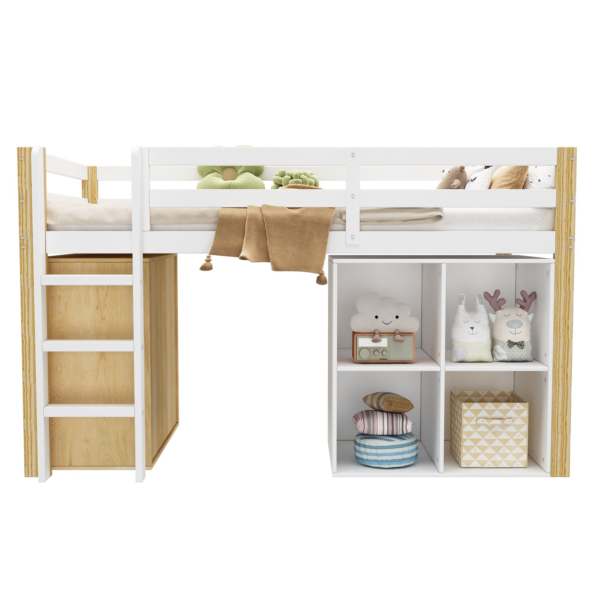 Children's Loft Bed with 2 Storage Cabinets and Ladder, Natural and White