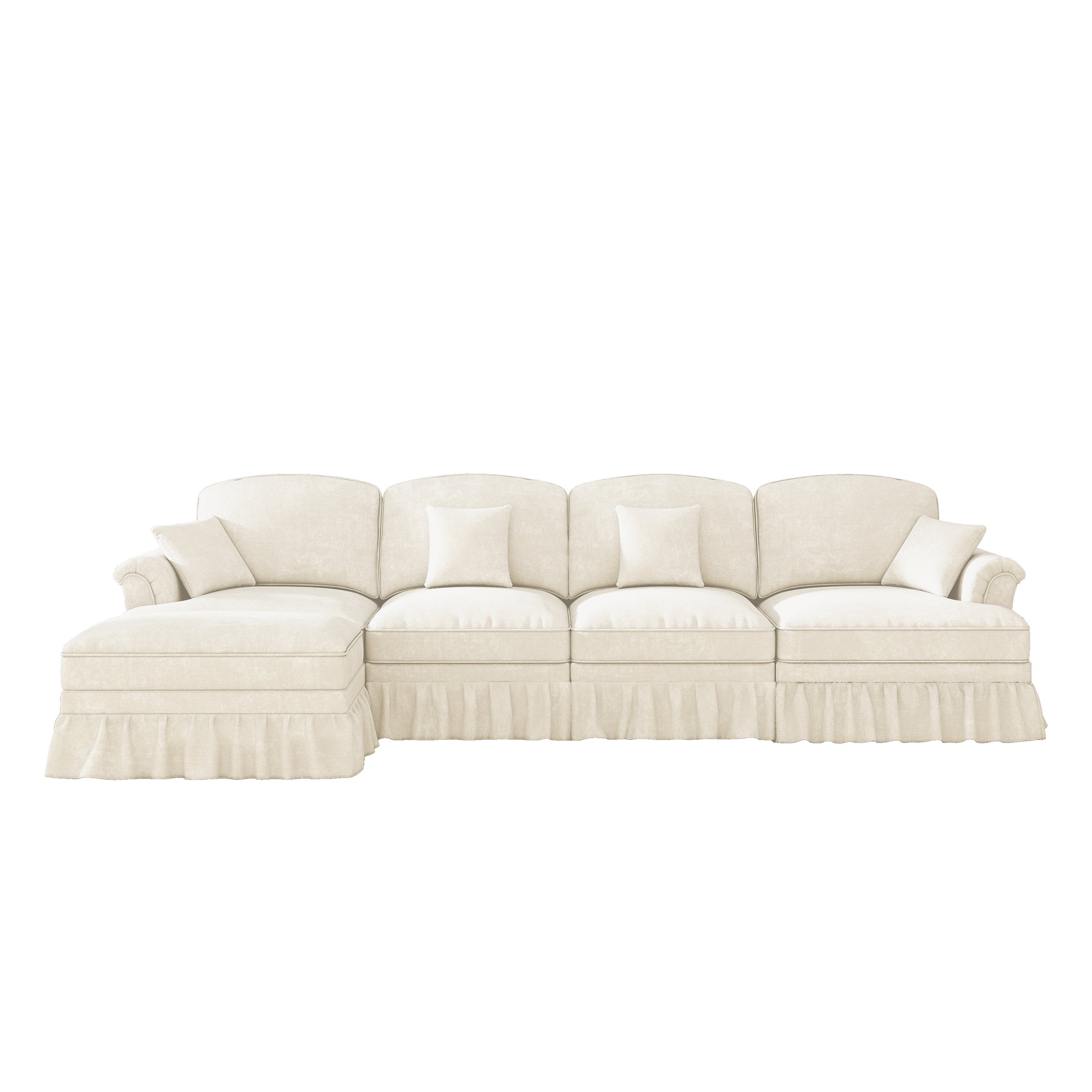 Modular L-Shaped 4-Seater Sofa with Movable Ottoman, Ruffled Apron, Spindle Legs Chenille White