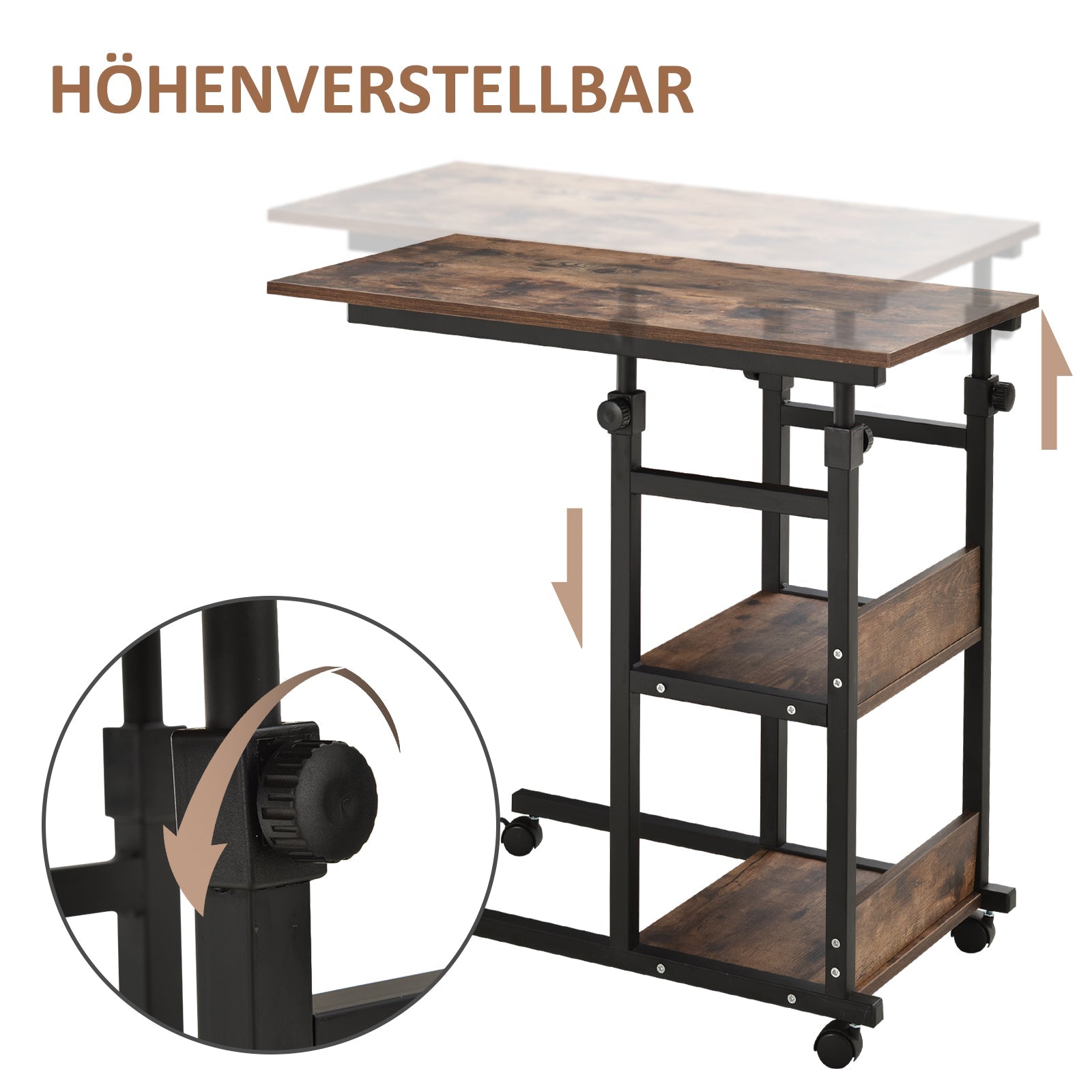 Beistelltisch, höhenverstellbarer Couchtisch 80x40x72-82 cm 2 Ablagen schwarzes Metall